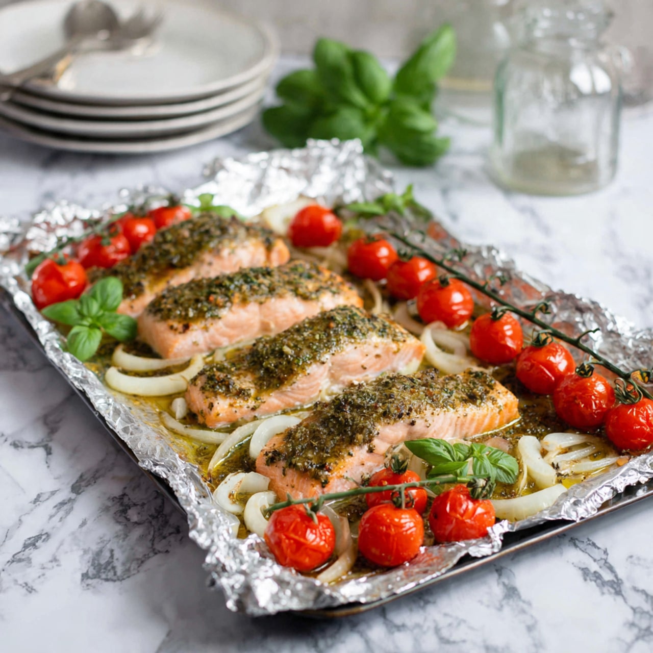 The image shows a baking sheet lined with foil, holding four pieces of salmon fillets covered with a green herb sauce, sitting on a bed of sliced white onions. Around the salmon, there are clusters of bright red cherry tomatoes still on their green vines. On one side of the tray, fresh green basil leaves add a pop of color. The scene is set on a white marbled surface with a stack of white plates and a clear glass jar in soft focus in the background. The photo taken with an iphone --ar 4:5 --v 7