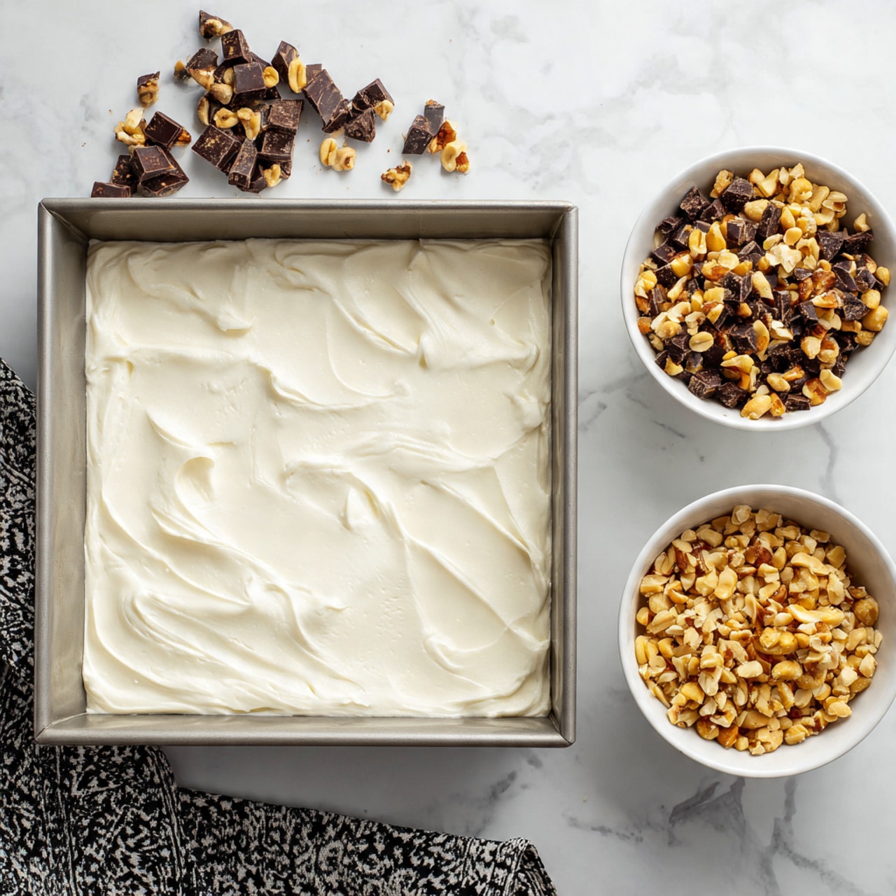 The image shows a square pan filled with a thick, smooth layer of white cream spread evenly across the top. Above the pan, there are two small white bowls; the left bowl contains dark chocolate pieces mixed with peanuts, showing a rough, chunky texture with brown and tan colors, while the right bowl holds golden brown chopped nuts in finer pieces. The background has a white marbled texture and a black and white patterned cloth is partly visible at the bottom left corner. photo taken with an iphone --ar 4:5 --v 7