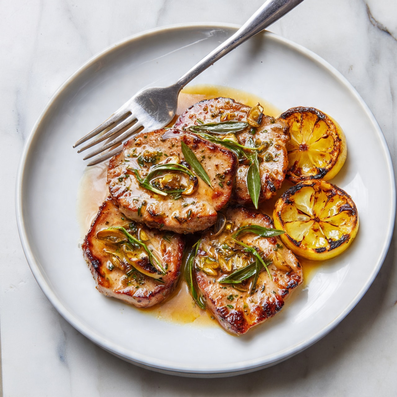 A white plate holds four pieces of golden brown cooked meat arranged in a slightly overlapping pattern. The meat has a glossy, light sauce covering each piece and is garnished with small bright green herb leaves scattered on top. Around the meat, there are several slices of grilled lemon showing char marks, adding a hint of yellow and brown. A silver fork rests on the left edge of the plate. The plate is set on a white marbled surface. photo taken with an iphone --ar 4:5 --v 7