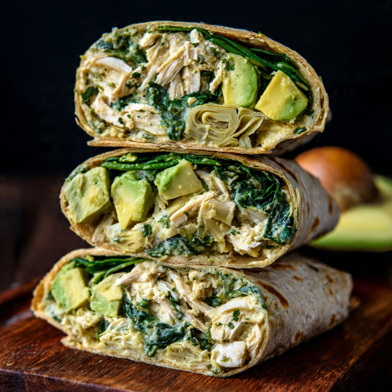 A close-up view of three halves of a wrap sandwich stacked on a dark wooden board, displaying layers of a soft light brown tortilla, green spinach leaves, pale yellow avocado slices, light beige cooked shredded chicken mixed with a chunky green herb sauce, and light tan artichoke slices. The wrap layers show a mix of soft, creamy textures from the avocado and chicken contrasted with the leafy and sauce parts. The background is dark, contrasting the natural colors of the wrap. photo taken with an iphone --ar 4:5 --v 7