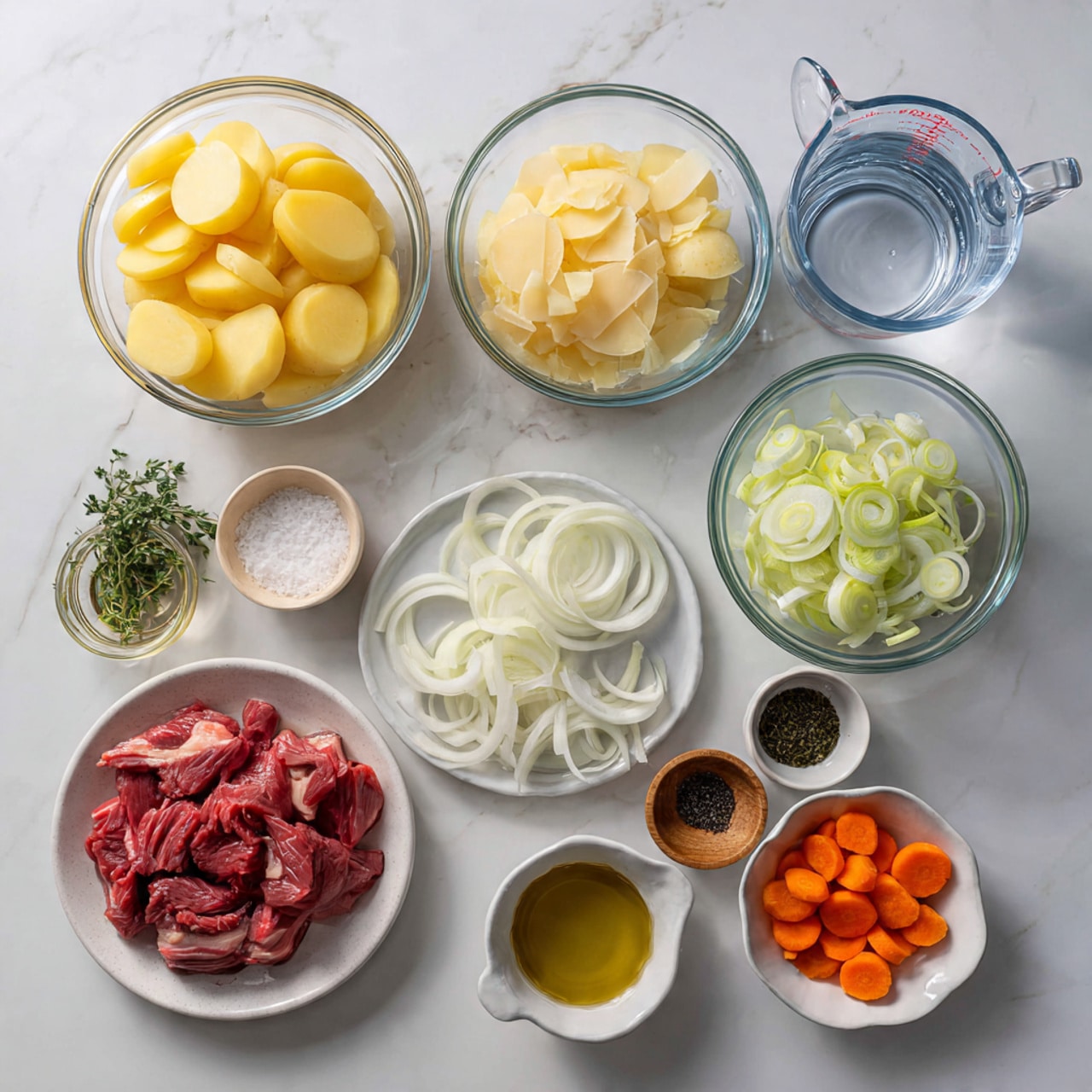 A top view of several clear glass bowls and small white bowls arranged on a white marbled surface. There are two large clear glass bowls, one filled with large yellowish sliced potatoes on the left, and one with small, pale chopped pieces on the upper middle. A clear measuring cup on the upper right contains water. Below the potatoes is a glass bowl with raw red meat pieces. In the center bottom, a white plate holds thinly sliced white onion. To the right of the onion plate, small white bowls contain orange carrot rounds, green herb sprigs, mixed black pepper, and a small wooden bowl with white salt. Near the top middle, there is a small bowl of sliced pale green leeks and a bowl with golden liquid, likely oil. Everything is neatly arranged with clear separation between the items. Photo taken with an iphone --ar 4:5 --v 7