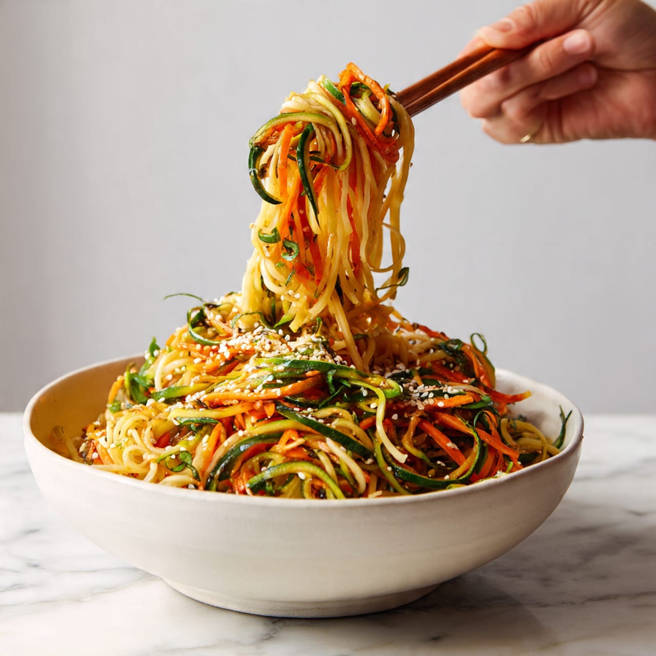 A white bowl is filled with a colorful mix of thin pasta strands and spiralized orange and green vegetables, likely carrots and zucchini, all tossed together. The noodles and vegetables are coated lightly with a shiny sauce, and the dish is topped with small green herbs and white sesame seeds. A woman's hand holding chopsticks lifts a portion of the noodles and vegetables above the bowl. The bowl sits on a white marbled surface. photo taken with an iphone --ar 4:5 --v 7