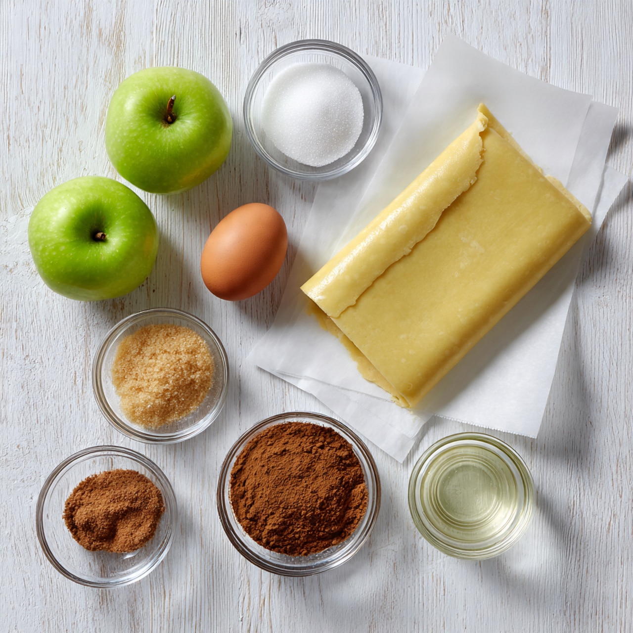 The image shows ingredients for an apple dessert arranged neatly on a white wooden table with a white marbled texture in the background. On the right, there is a rectangular sheet of pale yellow dough partially unrolled on white parchment paper. To the left of the dough, there are two bright green apples placed next to each other. Below the apples, there is a small clear glass bowl holding a brown egg. Below the egg, there is a small clear glass bowl filled with brown cinnamon powder. Below the cinnamon, there is a small clear glass bowl containing coarse brown sugar. Above the dough, there are two more small clear glass bowls, one with white granulated sugar and the other with clear liquid, likely water. The overall look is clean and simple, showing only the ingredients. Photo taken with an iphone --ar 4:5 --v 7