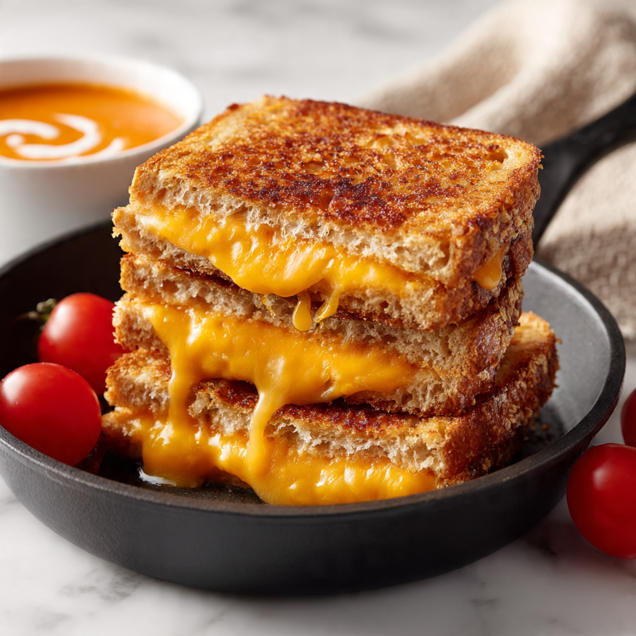 A toasted sandwich with three layers of golden brown, crispy bread stacked on top of each other, each layer filled with bright orange melted cheese oozing out richly, especially from the middle layer where the cheese drips down the sides. The sandwich sits inside a black pan on a white marbled surface, with a small white bowl of tomato soup with a swirl of cream in the background, and two red cherry tomatoes lying nearby. A beige cloth is partly visible in the top right corner. photo taken with an iphone --ar 4:5 --v 7
