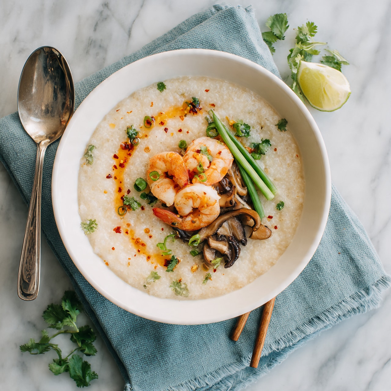 A white bowl holds a creamy porridge base, light beige in color with a soft, slightly textured surface. On top of the porridge are two pink-orange shrimp arranged near the center, along with thin, light brown strips of cooked mushroom beside them. To the right, there are thin, bright green sliced scallions laid out in a small bundle. Around the shrimp and mushrooms, there are small dark red chili flakes mixed with orange chili oil drizzled in a curved line. Small green herb pieces are scattered over the porridge for garnish. The bowl sits on a light blue cloth over a white marbled surface. Next to the bowl are a silver spoon and wooden chopsticks resting on the surface, along with a wedge of lime and some cilantro leaves nearby. photo taken with an iphone --ar 4:5 --v 7