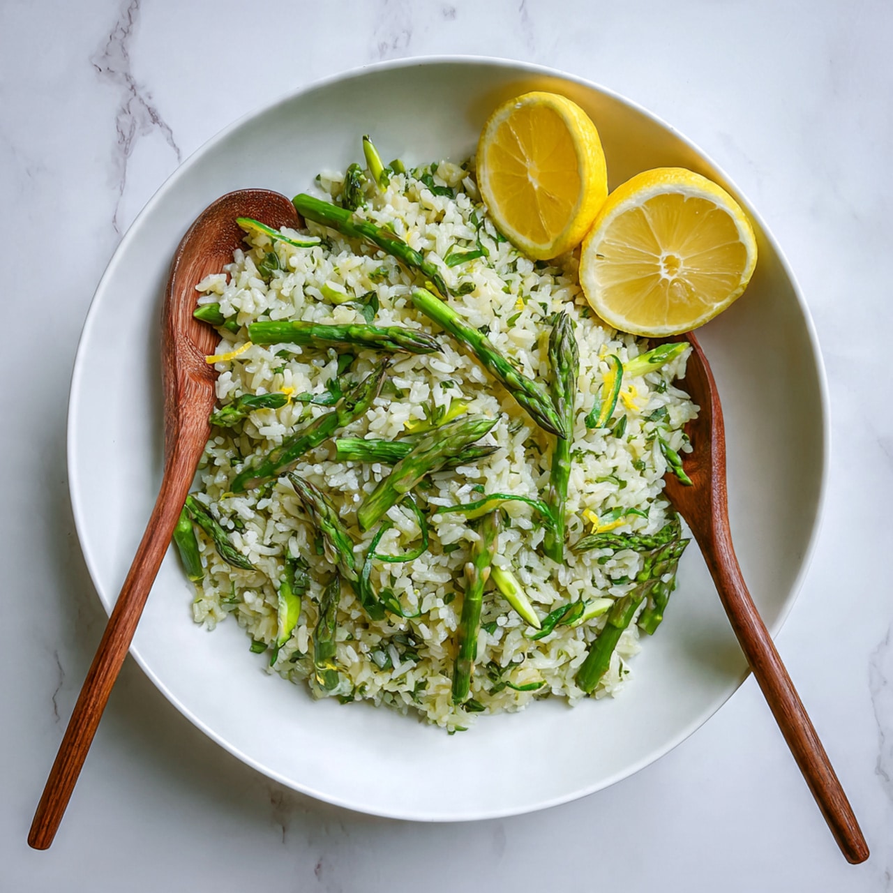 A white plate holds a dish with two main layers. The bottom layer is made of light green rice mixed with small bits of green herbs. On top, there are thin, bright green asparagus pieces scattered evenly across, some pointing outwards, adding a fresh and textured look. At the edge of the plate, two yellow lemon slices are placed for decoration. Two wooden spoons stick into the dish from the top center, and the whole scene is set on a white marbled surface. photo taken with an iphone --ar 4:5 --v 7