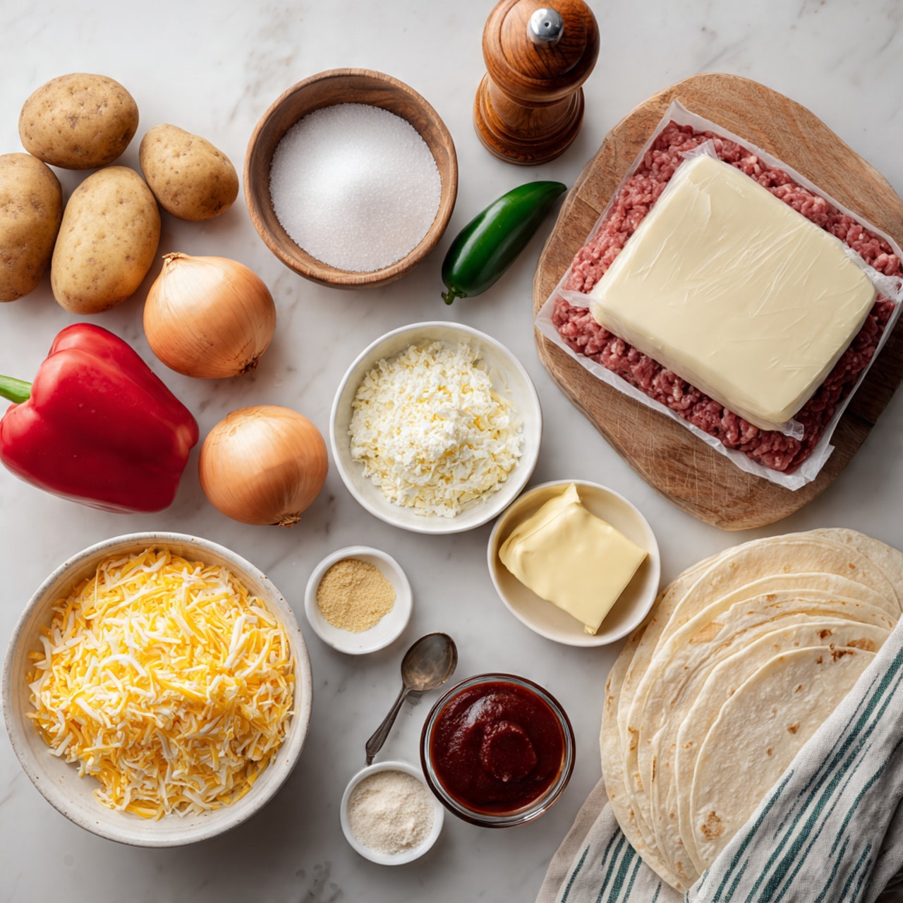 The image shows a white marbled surface with various cooking ingredients neatly arranged. There are three brown potatoes clustered on the left side, along with a red bell pepper and a green jalapeño placed near a single yellow onion. A wooden bowl filled with coarse salt and a tall wooden pepper grinder are positioned near the top. On the right side, a white bowl contains a square block of ground meat wrapped in white parchment paper. Below the bowl, there is a striped kitchen towel holding eight brown eggs. Small white dishes hold grated yellow and white cheese, a square of butter, and powders in beige and light yellow with a small measuring spoon on top. A small glass jar with deep red sauce sits next to the powders. At the bottom of the image, several stacked flour tortillas rest on the white marbled surface. photo taken with an iphone --ar 4:5 --v 7