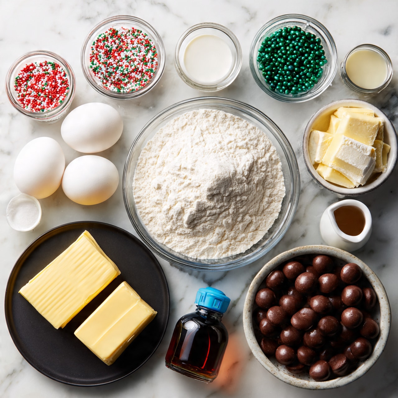 The image shows a top view of baking ingredients on a white marbled surface. In the center, there is a large clear glass bowl filled with flour, with small mounds creating texture. Surrounding it, there are smaller clear glass bowls holding sugar, two white eggs, baking powder, and salt. A small measuring cup with a bit of milk is placed near the eggs. A black plate holds two sticks of yellow butter placed side by side. There is a dark brown bottle of vanilla extract with a blue cap near the bottom right. At the top right, a black bowl filled with round chocolate pieces is visible, with a few chocolate pieces scattered beside it. Two small jars, one filled with red, green, and white sprinkles and the other with clear and green sprinkles, are placed at the top left. The overall setup is neat and organized. Photo taken with an iphone --ar 4:5 --v 7