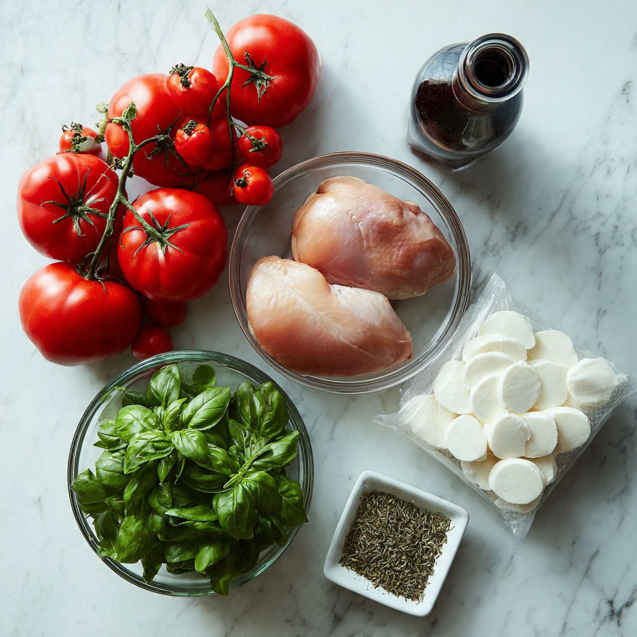 A bunch of red tomatoes on the vine rest on the left side of a white marbled surface, with a clear glass bowl holding two raw chicken pieces placed near the center. Below the chicken bowl is a small clear bowl filled with fresh green basil leaves. To the right, a white package of sliced fresh mozzarella cheese lays flat on the surface. Next to the package is a tall dark bottle, and below the tomatoes is a small white square dish containing dried herbs. The whole setup is arranged neatly on the white marbled background, giving a fresh and clean look. photo taken with an iphone --ar 4:5 --v 7