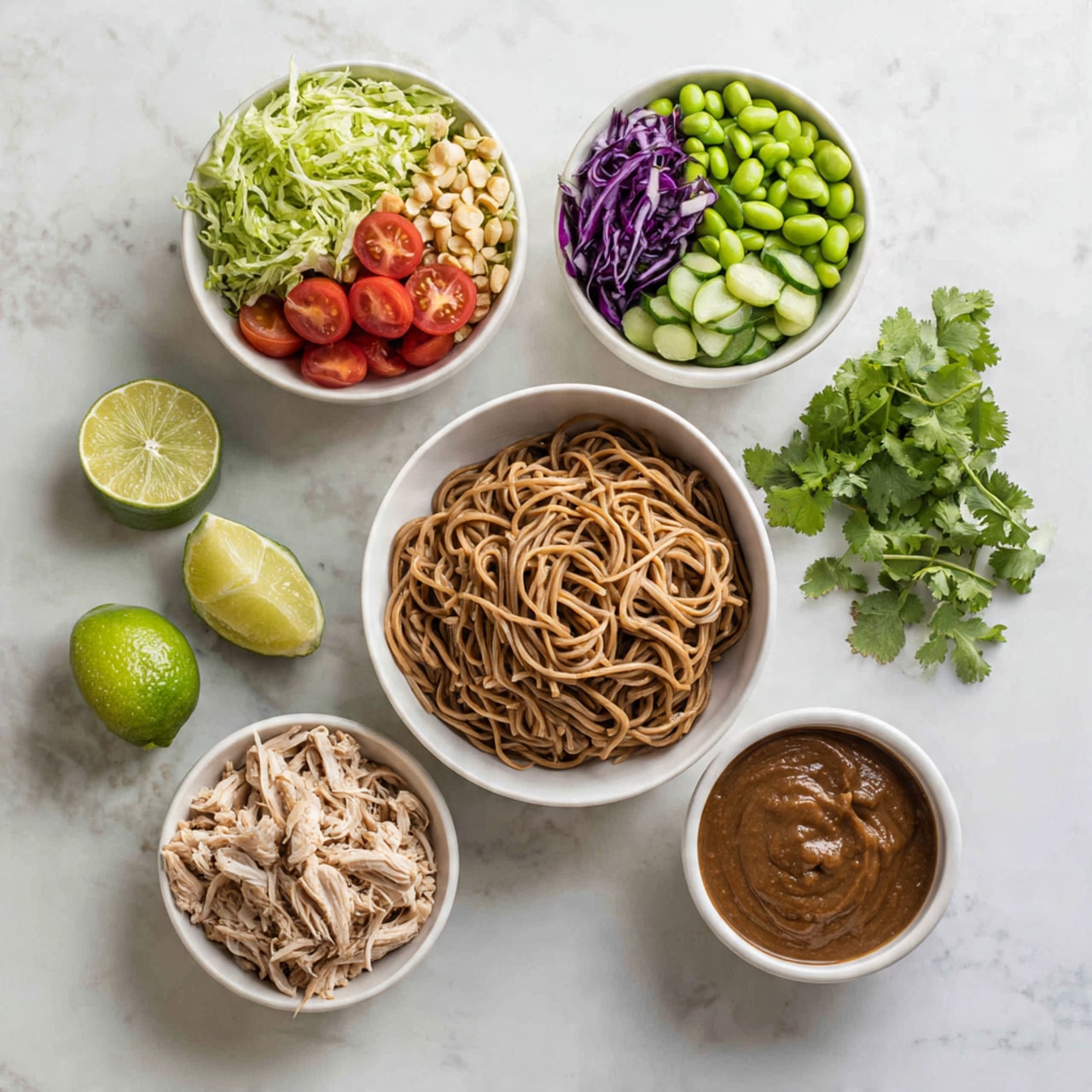 The image shows a top view of six dishes placed on a white marbled surface. In the center is a white bowl filled with brown noodles that have a smooth and slightly shiny texture. To the top left is a white bowl with a salad made of shredded green lettuce, red cherry tomatoes, green edamame beans, purple cabbage, and cucumber slices, all layered neatly. Below the noodles, a white bowl contains light brown shredded chicken with a tender look. Next to it is a small white bowl of thick, smooth peanut sauce that is a rich brown color. Below these bowls is a small white bowl with light brown crushed peanuts. Fresh green cilantro and two lime halves are placed next to the peanut bowl, adding a fresh touch to the image. The photo taken with an iphone --ar 4:5 --v 7