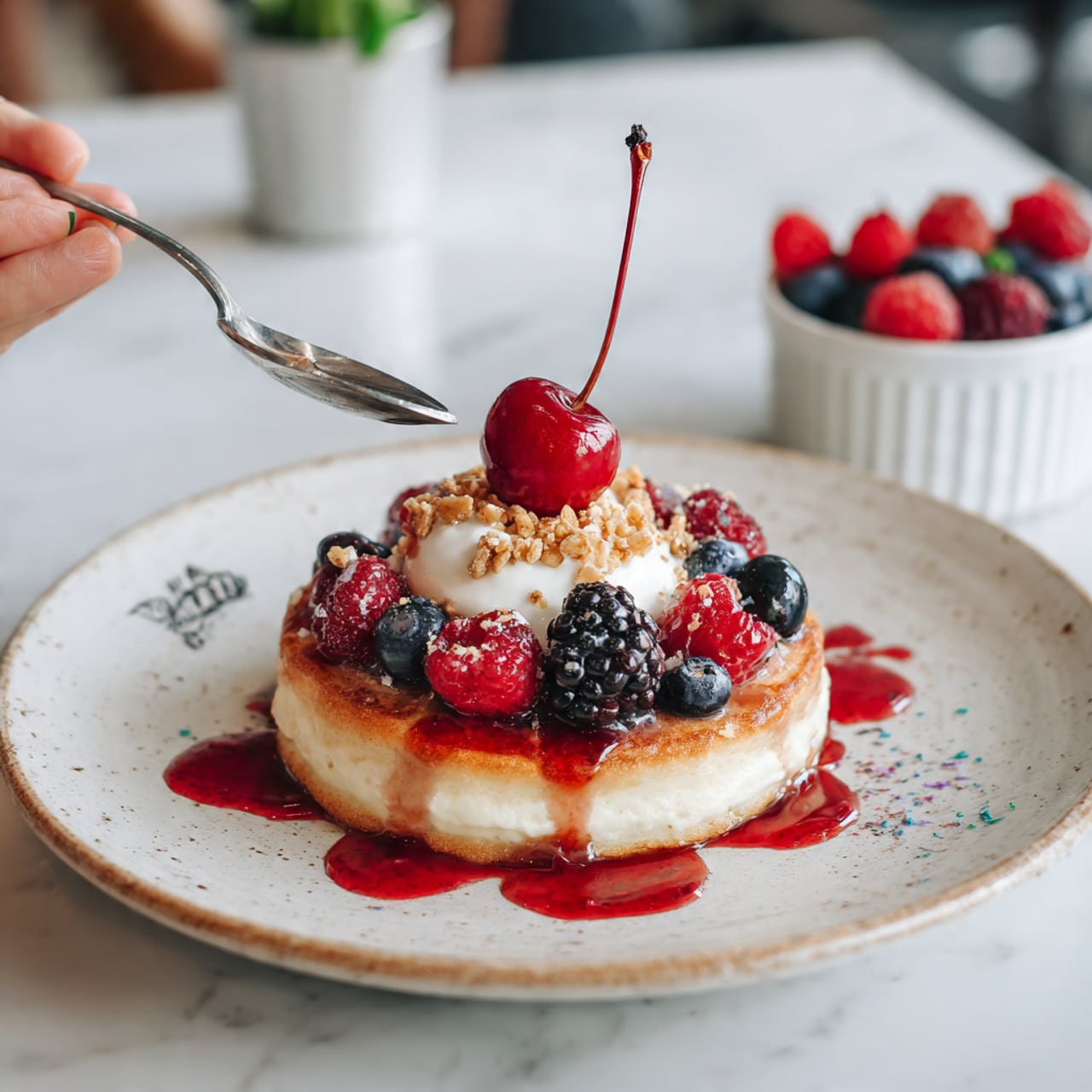 A single serving of pancake sits on a white plate with a slightly rough texture and colorful speckles. The pancake is thick and golden brown at the base, topped with a dollop of white cream. On top of the cream are bright red raspberries, dark blackberries, and glossy blueberries scattered around. A drizzle of red syrup flows over the cream and fruits, with a small sprinkling of crunchy granola adding texture on top. There is a bright red cherry with its stem on the cream’s peak. In the background, there is a small white bowl filled with more mixed berries and a white marbled surface under the plate. A woman’s hand holds a spoon nearby, partially visible. Photo taken with an iphone --ar 4:5 --v 7