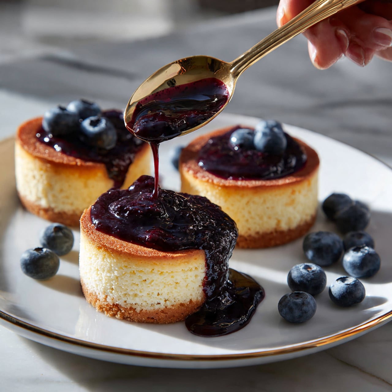 The image shows a white plate with a gold rim holding three round, golden brown cheesecakes arranged in a triangle. On top of the middle cheesecake, there is a thick, dark purple blueberry sauce being poured from a gold spoon held by a woman's hand. Fresh whole blueberries are scattered around the cheesecakes on the plate. The plate is set on a white marbled surface. The lighting highlights the texture of both the cheesecakes and the glossy sauce. photo taken with an iphone --ar 4:5 --v 7