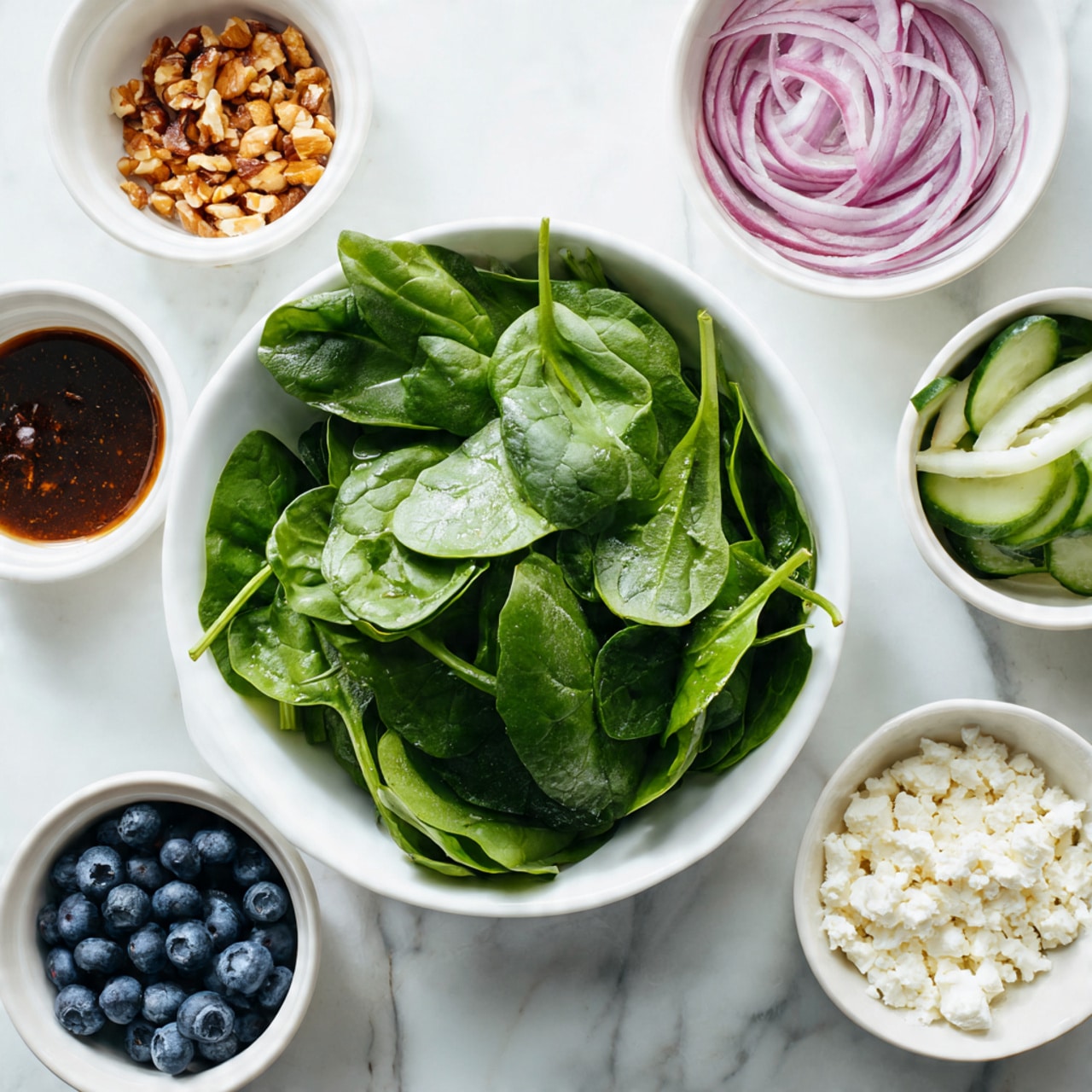 A white bowl filled with fresh green spinach leaves is in the center of the image, placed on a white marbled surface. Surrounding the bowl are six small white bowls with different ingredients: one has crushed nuts, another has a dark brown dressing, one holds fresh blueberries, one contains thin light green ribbons of cucumber, another has thin slices of red onion, and the last one is filled with crumbled white cheese. The image is bright and clear with natural lighting, showing the fresh colors and textures of the ingredients. photo taken with an iphone --ar 4:5 --v 7