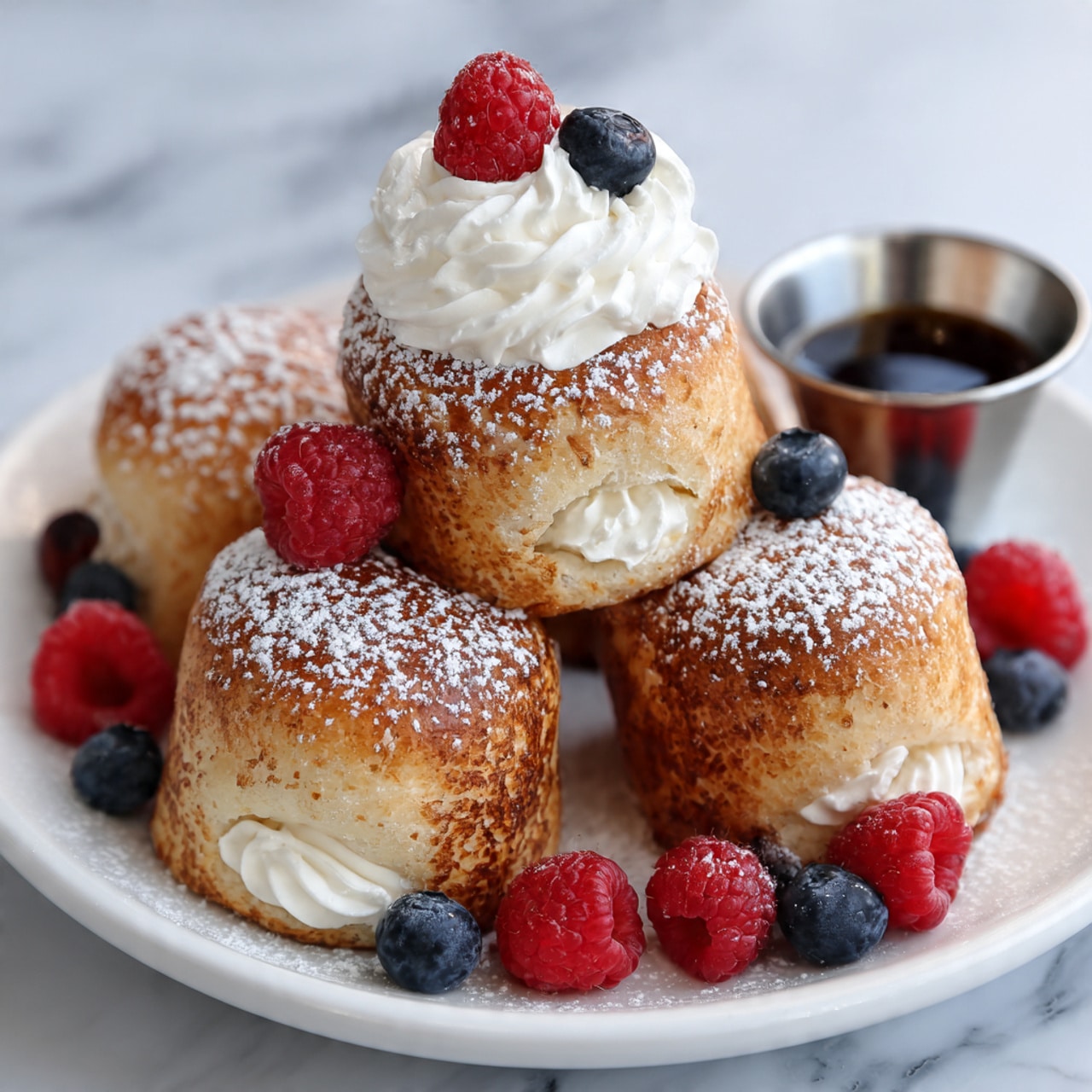 Four golden-brown rolls with a slightly crispy texture are stacked on a white plate. They are dusted lightly with white powdered sugar. Around the rolls are fresh red raspberries and dark blue blueberries. On top of the rolls, there is a swirl of white whipped cream with a raspberry and a blueberry nestled in it. The plate sits on a surface with a white marbled texture. In the background, there is a small silver container filled with syrup. photo taken with an iphone --ar 4:5 --v 7