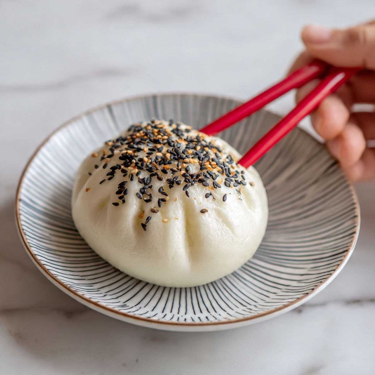 The image shows a close-up of a steamed bun with a smooth, pale cream top sprinkled with black sesame seeds on one side. The bun looks soft and slightly shiny, sitting on a white plate with thin blue stripes. A pair of red chopsticks is gently pressing into the side of the bun, held by a woman's hand. The background is a white marbled surface. photo taken with an iphone --ar 4:5 --v 7