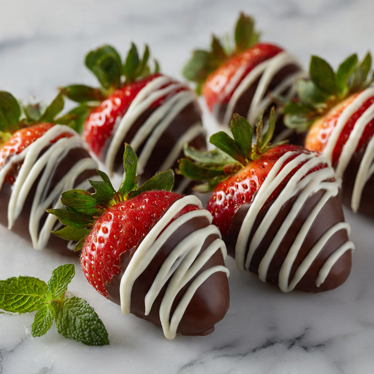 The image shows fresh strawberries dipped halfway in dark chocolate, arranged close together on a white marble surface. Each strawberry is topped with a thick drizzle of white cream in the shape of a cross extending down the sides. The strawberries have a bright red color and a shiny texture where not covered in chocolate. At the bottom left corner, there are a few small green mint leaves adding contrast to the red and dark brown colors. Photo taken with an iphone --ar 4:5 --v 7