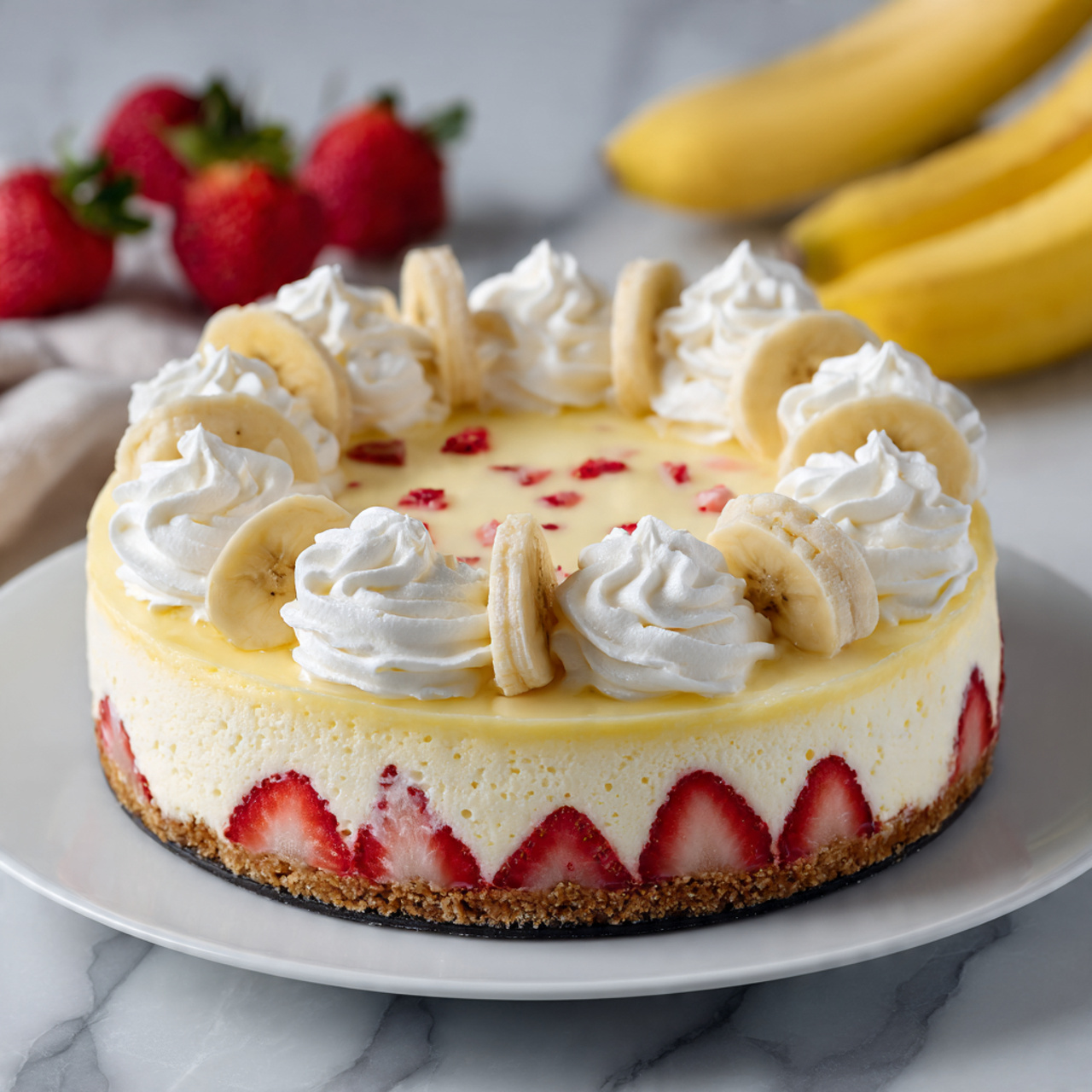 A round cheesecake sits on a white plate on a white marbled surface. The cheesecake has a smooth creamy yellow top with small red strawberry pieces scattered on it. Around the edge, there are eight large swirls of white whipped cream, each topped with a slice of banana. More small chopped strawberries are spread around the base of the cheesecake on the plate. In the background, some bananas and red strawberries are visible. Photo taken with an iphone --ar 4:5 --v 7