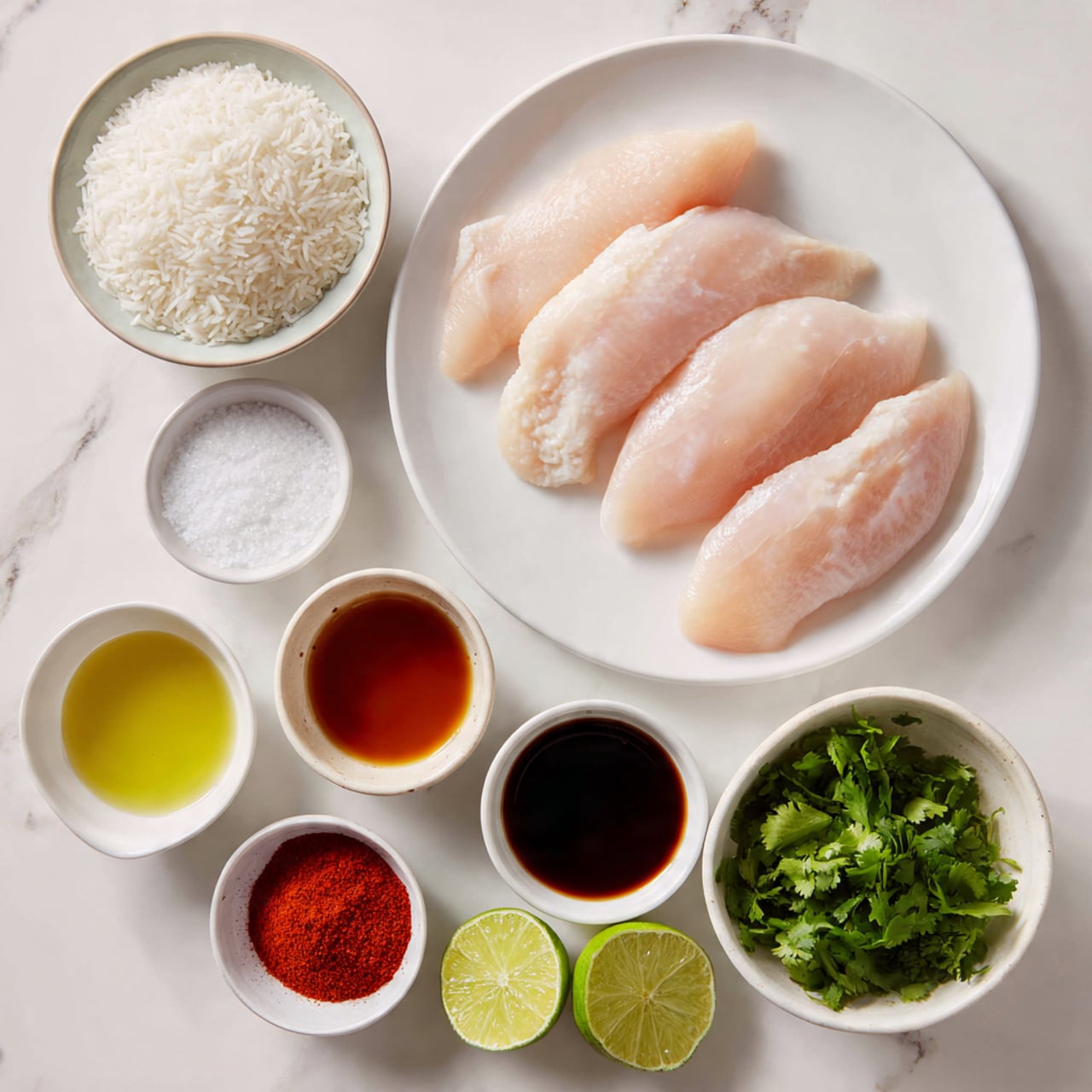 The image shows a white plate in the center with four pieces of raw chicken, each pale pink and smooth, arranged neatly. Around the plate, there are several white bowls and containers: at the top left, a bowl filled with uncooked white rice, next to it a small round container with granulated white salt, and another bowl with white coconut milk beside that. Below them, in a vertical row to the right of the chicken plate, are three small round bowls with different liquids—one light brown, one very dark brown, and one bright red powder in a white bowl. Below these bowls, there is a small bowl of olive oil and a pair of lime halves next to it. At the bottom right, a white bowl filled with green chopped cilantro sits neatly. The whole setup rests on a white marbled surface, and a woman's hand is gently holding one of the lime halves. photo taken with an iphone --ar 4:5 --v 7