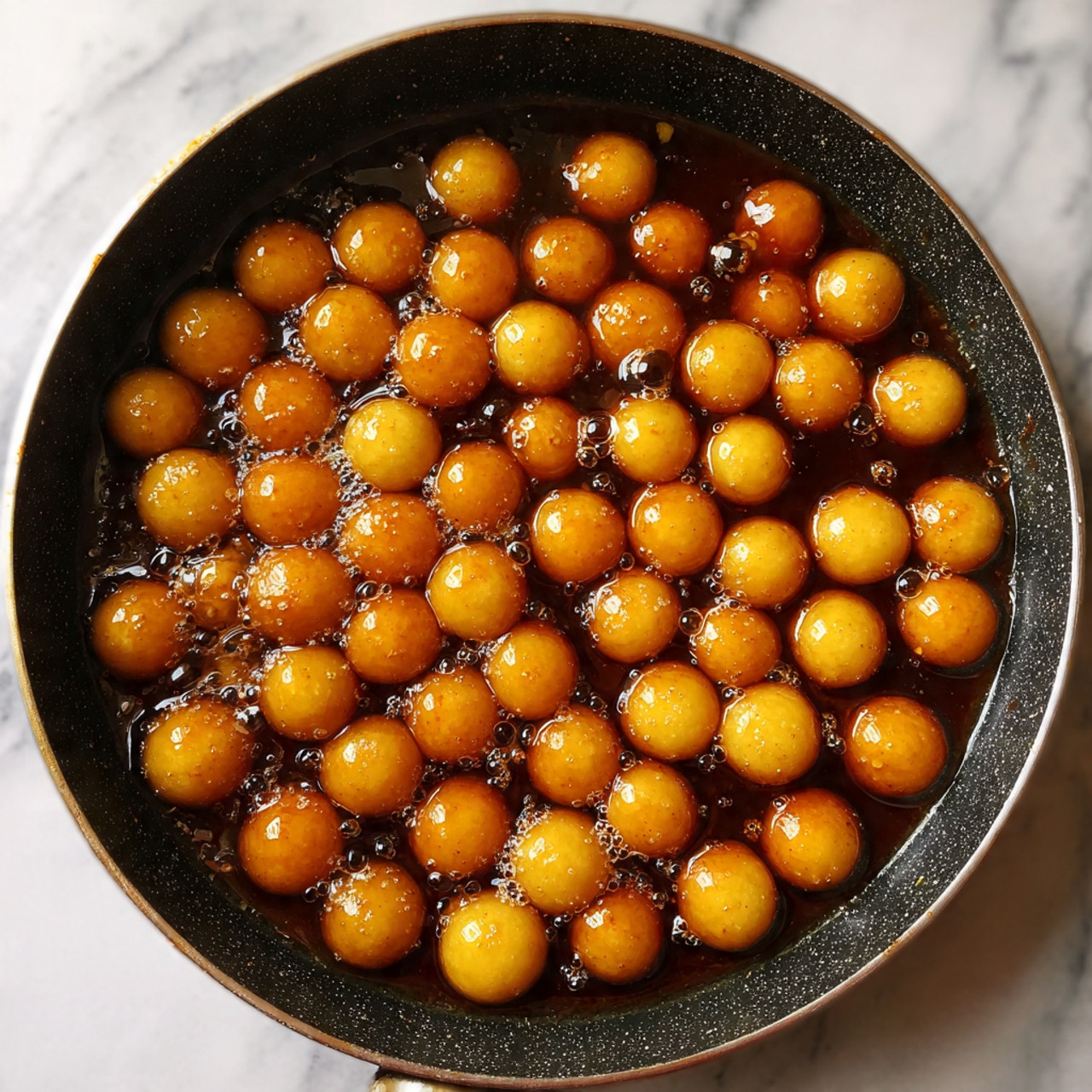 A close-up view of a pan with many round yellow balls cooking in dark brown liquid sauce. The balls are shiny and smooth, evenly spaced in the pan which has a light speckled texture inside. The dark sauce bubbles gently around the balls, creating small reflections. The pan sits on a white marbled surface. photo taken with an iphone --ar 4:5 --v 7