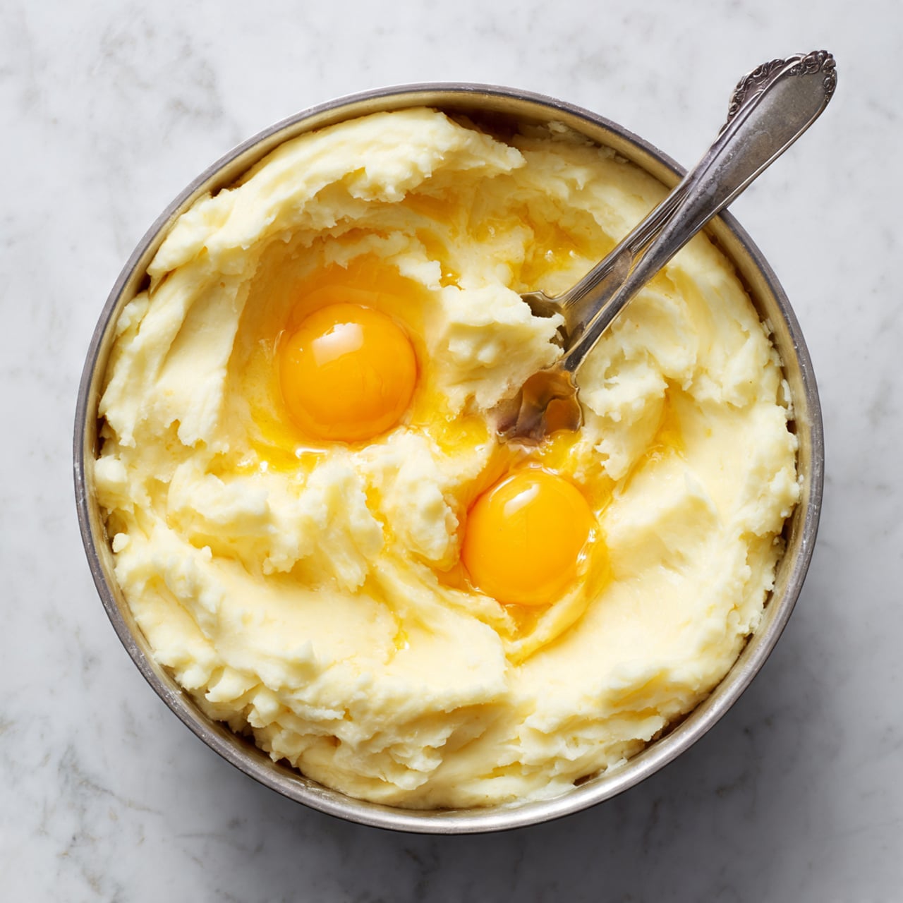 The image shows a metal bowl filled with creamy mashed potatoes, which appear smooth and pale yellow in color. Two raw egg yolks with bright golden yellow tones sit on top of the mashed potatoes, ready to be mixed in. A silver spoon and a silver fork are partially stuck into the mixture, positioned near the egg yolks. The bowl rests on a white marbled surface. photo taken with an iphone --ar 4:5 --v 7