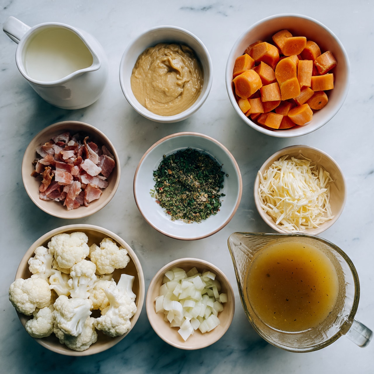 The image shows several bowls and a jug with ingredients placed on a white marbled surface. Starting from the top left, there is a small jug full of milk, next to it a small bowl with a smooth, tan mustard-like paste. To the right, a white bowl is filled with thick, round orange carrot pieces. A small white bowl holds a green dry herb mix. Below this, a white bowl contains small pieces of raw bacon. In the bottom left corner, a beige bowl is filled with white cauliflower florets. Next to it, a white bowl has chopped white onions. Above the onions, a small pale pink bowl has minced garlic. To the right of the garlic, a white bowl is filled with shredded pale yellow cheese. Lastly, a clear glass jug to the right contains golden brown broth. All ingredients are clearly separated, showing different textures and colors against the white marbled surface. photo taken with an iphone --ar 4:5 --v 7
