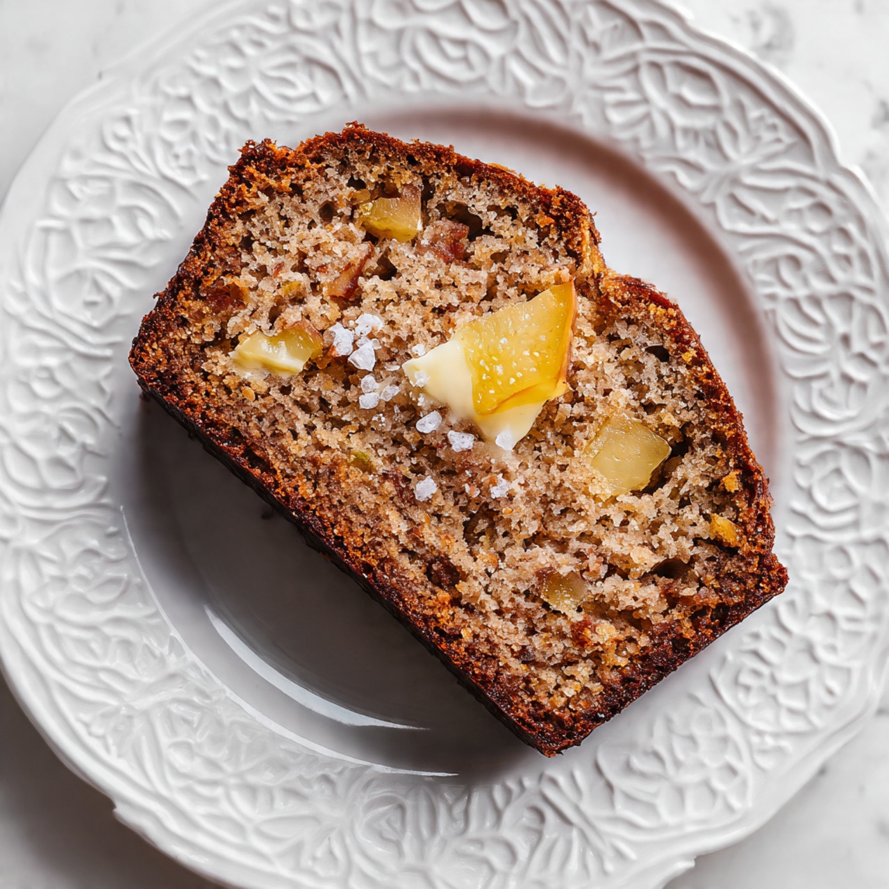 A single slice of thick bread-like cake sits in the middle of a white plate with an ornate embossed pattern. The cake has a dark brown crust on the edges and a moist interior with a mix of golden brown and light tan colors. Visible inside the slice are small pieces of fruit, possibly apples or pears, in light yellow and caramel brown tones. On top of the slice, there is a small melting dollop of yellow butter and some flakes of coarse salt scattered around. The scene is set on a white marbled surface. photo taken with an iphone --ar 4:5 --v 7