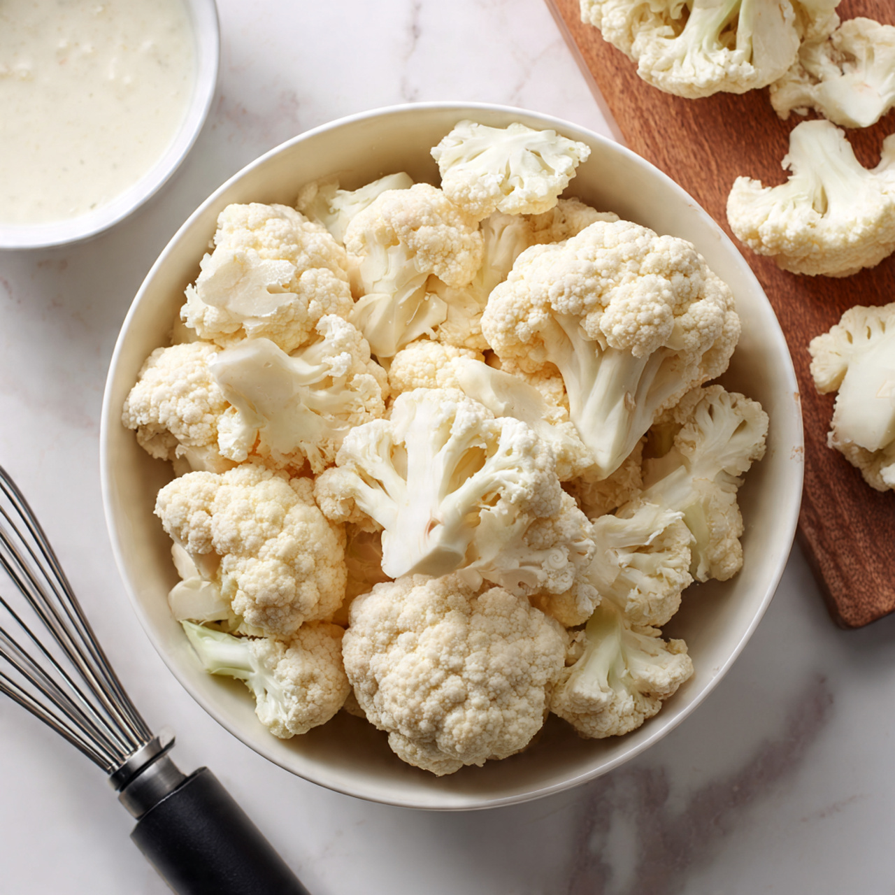 The image shows a white bowl filled with many pieces of raw cauliflower, all roughly the same size and arranged to fill the bowl to the top. The cauliflower pieces are off-white with a natural rough texture and visible small stems. The bowl sits on a soft, white marbled surface, adding a clean, simple feel to the picture. Next to the bowl, there is a black cutting board with a few pieces of cauliflower resting on it. To the upper left, a white bowl contains a white creamy sauce and a whisk. The colors are soft and natural, with mostly white and light beige tones. photo taken with an iphone --ar 4:5 --v 7