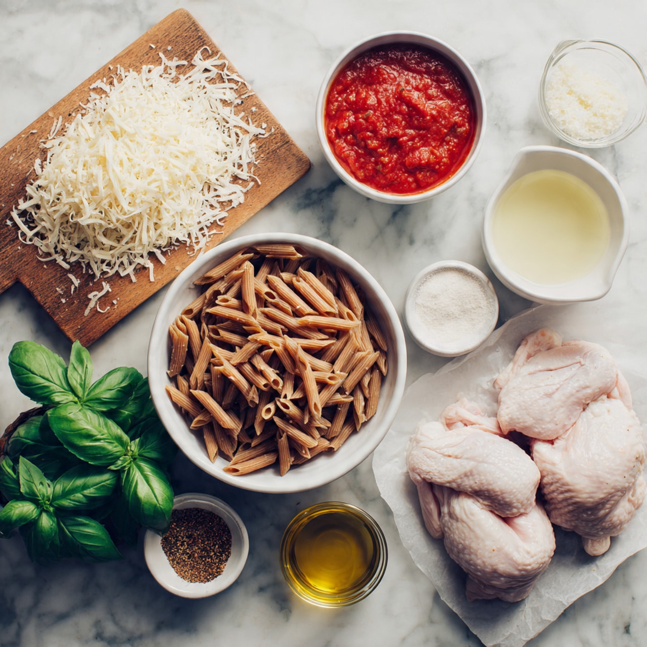 The image shows a white marbled surface with cooking ingredients neatly arranged. In the middle, there is a white bowl filled with cooked brown pasta. Above it to the left, two piles of shredded cheese rest on a wooden board. To the right of the cheese, there is a white bowl with red tomato sauce. Next to it on the right is a glass cup with light yellow broth. Below the broth is a small white bowl of white powder and to the left is a small white bowl with minced garlic. To the right and below everything, two raw chicken pieces rest on white paper. In the bottom left corner, fresh green basil leaves, a small glass bowl of golden oil, and a small white bowl filled with brown seasoning are placed. A woman’s hand touches the chicken pieces on the right side. Photo taken with an iphone --ar 4:5 --v 7