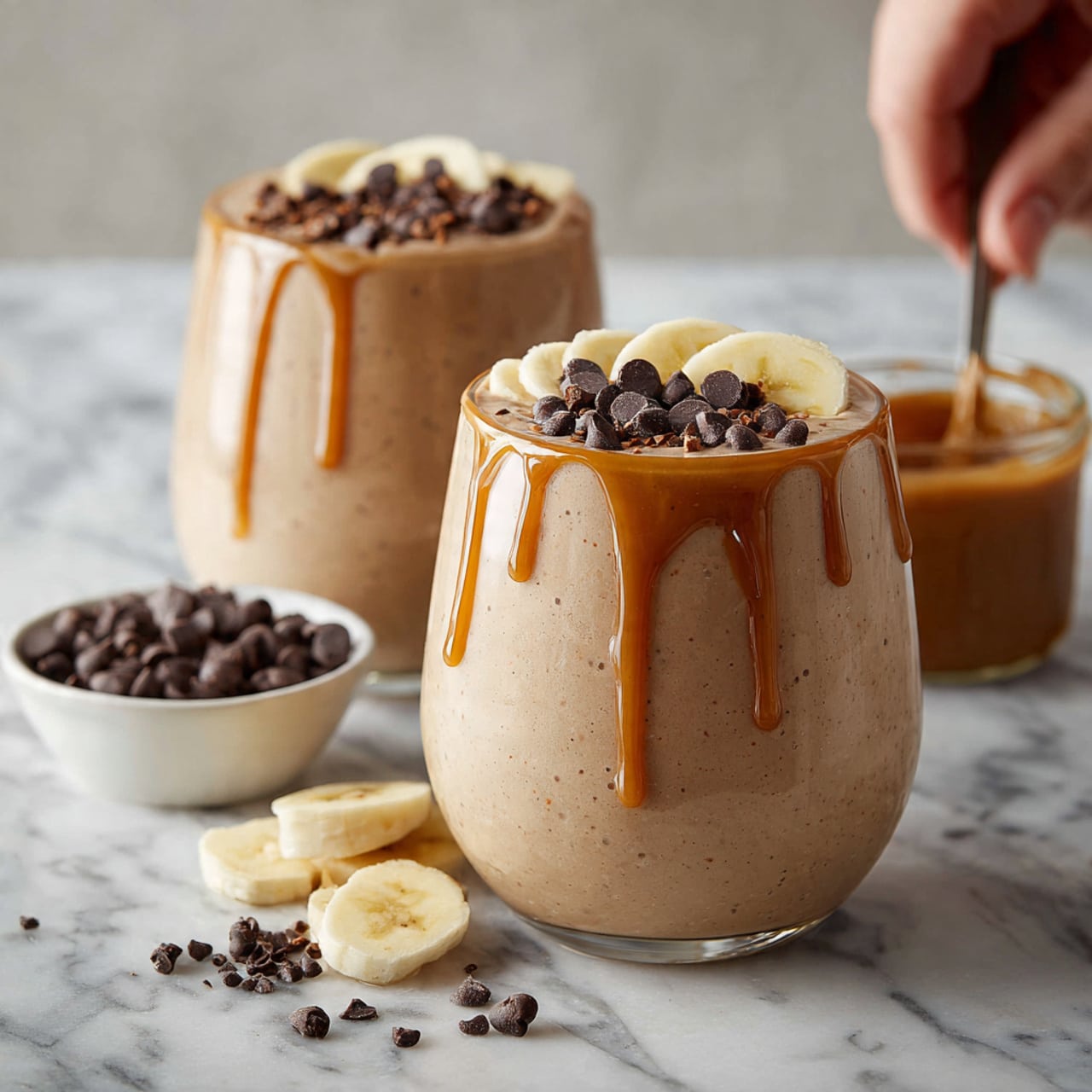 The image shows two clear glasses filled with a smooth, light brown smoothie, with one glass in the front and the other slightly behind it. The smoothie is topped with small dark chocolate chips, banana slices, and a drizzle of thick caramel-colored sauce that flows slightly down the side of the front glass. Around the glasses are scattered dark chocolate chips and banana slices resting on a white marbled surface. To the left, there is a white bowl with more chocolate chips, and on the right, part of a container with more caramel-colored sauce is visible, adding to the layered textures of the scene. Photo taken with an iphone --ar 4:5 --v 7