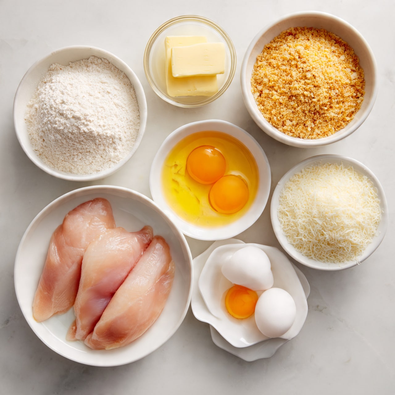 A top-down view of six raw chicken strips placed next to each other in a white bowl. Surrounding the bowl are five small white bowls and cups filled with different ingredients: one with white flour on the upper left, a clear bowl with melted yellow butter above the chicken, a bowl with golden brown breadcrumbs on the upper right, a small bowl with white grated cheese on the right, a cup with white milk on the lower left, and a small scalloped bowl containing two raw eggs with bright yellow yolks at the bottom center. All items rest on a surface with white marbled texture photo taken with an iphone --ar 4:5 --v 7