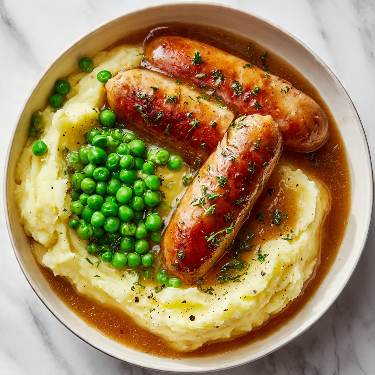 A white bowl filled with creamy mashed potatoes in the center, light yellow in color with a slightly lumpy texture, surrounded on one side by bright green peas that look fresh and round. Two browned sausages sit on top and partly to the side of the mashed potatoes, their skins shiny and crispy with a golden-brown color and small green herb bits sprinkled over. The whole dish is covered with a rich brown onion gravy that pools at the bottom of the bowl, speckled with black pepper and small chopped onions. The background is a white marbled surface with a soft light shining on the bowl. Photo taken with an iphone --ar 4:5 --v 7