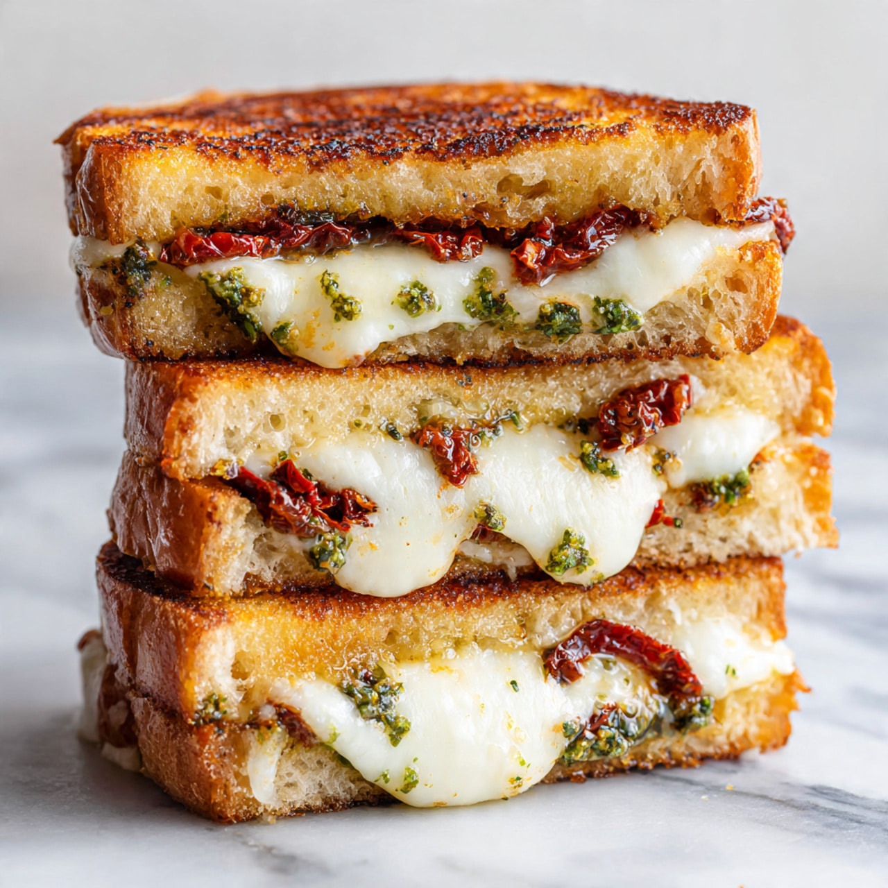 The image shows a close-up of a toasted sandwich with three layers. The top and bottom layers are golden brown toasted bread with a slightly crispy texture. Between the bread layers are thick, melted white cheese layers that look soft and creamy, oozing out between the other ingredients. There are layers of dark reddish-brown sun-dried tomatoes with a slightly wrinkled texture and some green pesto spread visible near the top bread slice. The sandwich is stacked high and slightly uneven, showing the melted cheese and tomato layers clearly. The background is a white marbled surface. Photo taken with an iphone --ar 4:5 --v 7
