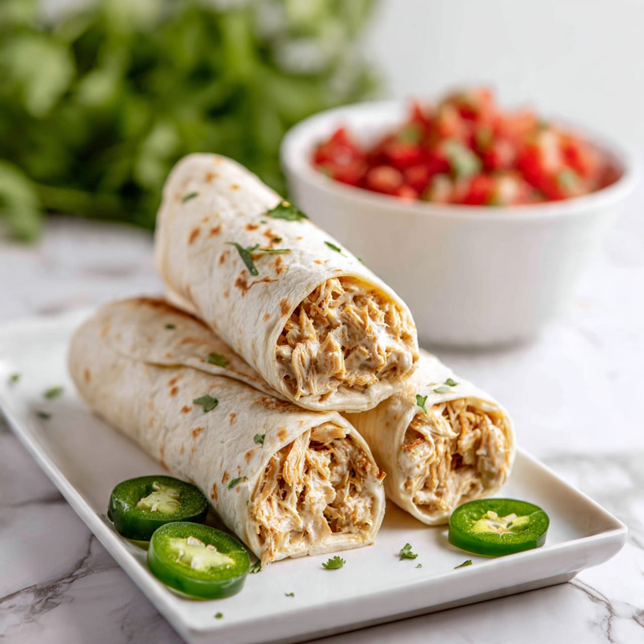 Three soft white tortillas filled with shredded light brown chicken mixed with creamy white sauce are rolled tightly and stacked in a pyramid on a white rectangular plate. Two slices of fresh green jalapeño pepper are placed on the plate beside the tortillas. In the background, there is a white bowl filled with bright red diced tomatoes with green herbs, set on a white marbled surface with some blurred green leaves behind it. photo taken with an iphone --ar 4:5 --v 7