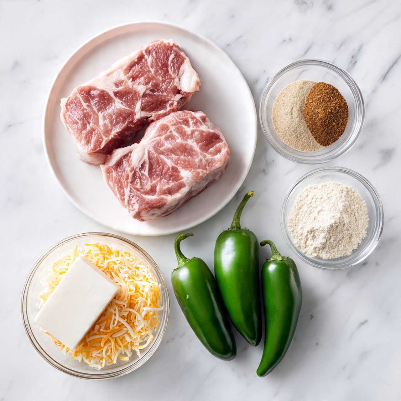 The image shows several cooking ingredients arranged on a white marbled surface. At the top left, there are two raw pieces of meat on a white round plate, both showing pink flesh with some white fat. To the right of the meat, there is a small clear bowl holding three different powders in separate sections: one light brown, one darker brown, and one beige, creating a small triangle of seasonings. Below the small bowl, three fresh green jalapeño peppers with shiny skins are placed side by side. To the bottom left, a clear bowl contains a block of white cheese along with shredded yellow cheese next to it. The setting is clean and minimal, with all items spaced evenly. photo taken with an iphone --ar 4:5 --v 7