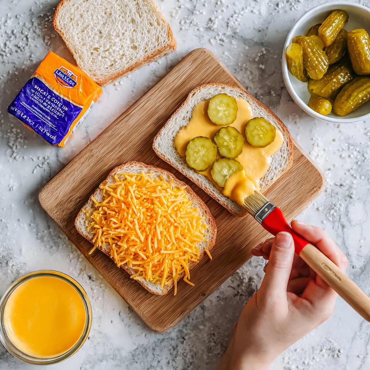 The image shows a wooden board placed on a white marbled textured surface. On the board, two slices of white bread are positioned next to each other; the bottom slice is topped with shredded orange cheese and six round ridged pickle slices spaced evenly, while the top slice is being brushed with a yellow liquid spread using a woman’s hand holding a wooden brush with a red tip. Next to the bread on the board is a slice of orange cheese partially wrapped in an orange and blue labeled wrapper. Above the board, there is a small white bowl filled with ridged pickle slices, and next to it a small clear glass bowl containing the same yellow liquid spread. photo taken with an iphone --ar 4:5 --v 7