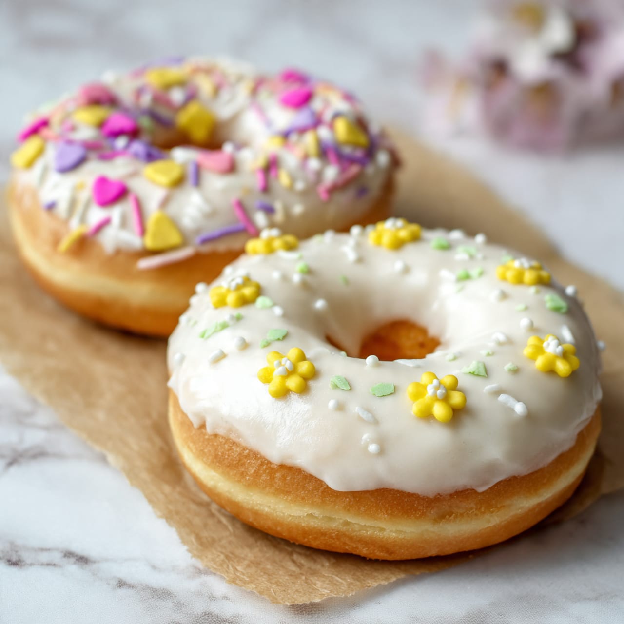 The image shows a close-up of two donuts on a brown paper placed on a white marbled surface. The donut in the forefront has a smooth white icing layer covering its top, decorated with small yellow flower-shaped sprinkles, white round sprinkles, and thin green sprinkles scattered evenly. The donut behind it features a thick white icing layer with a variety of colorful sprinkles on top, including small yellow, pink, and purple heart-shaped sprinkles mixed with white round and stick-shaped sprinkles for a textured look. Both donuts appear soft and slightly golden brown underneath the icing. photo taken with an iphone --ar 4:5 --v 7