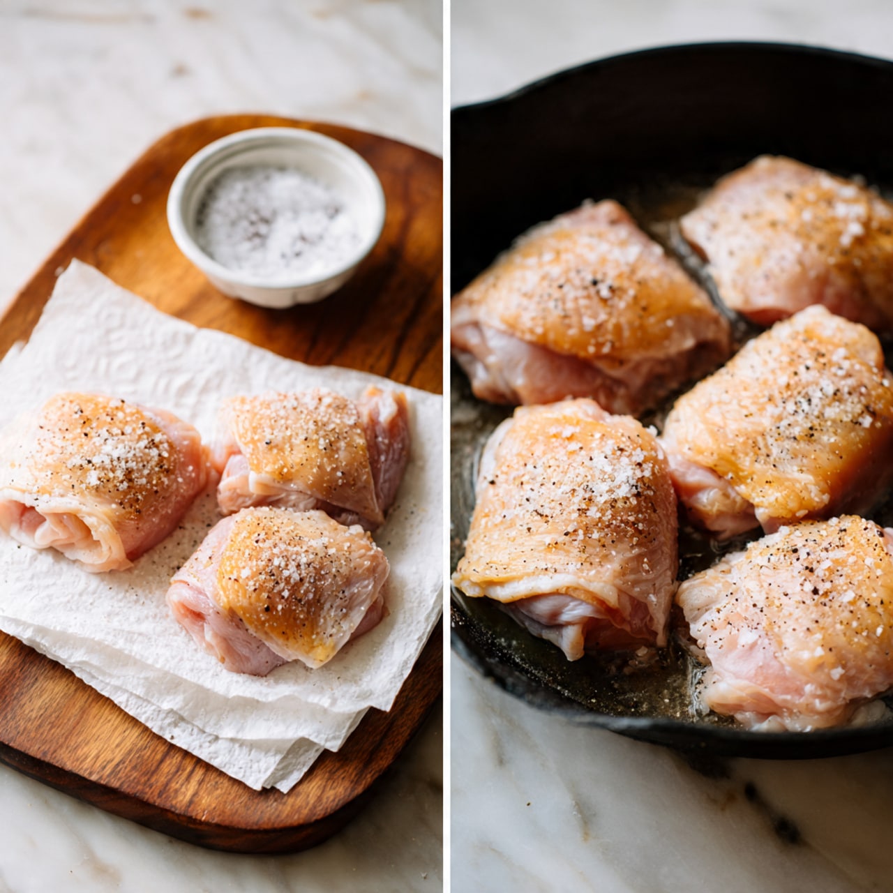 The image on the left shows five pieces of raw chicken thighs with skin on, laying on white paper towels placed on a wooden board; the chicken pieces are sprinkled with coarse salt and black pepper, and there is a small white bowl with salt and pepper next to them. The image on the right shows five pieces of the same chicken thighs placed in a black cast iron pan with the skin side down, beginning to cook, showing a mix of raw pale pink and lightly cooked light brown colors. The background in both images is a white marbled texture. photo taken with an iphone --ar 4:5 --v 7