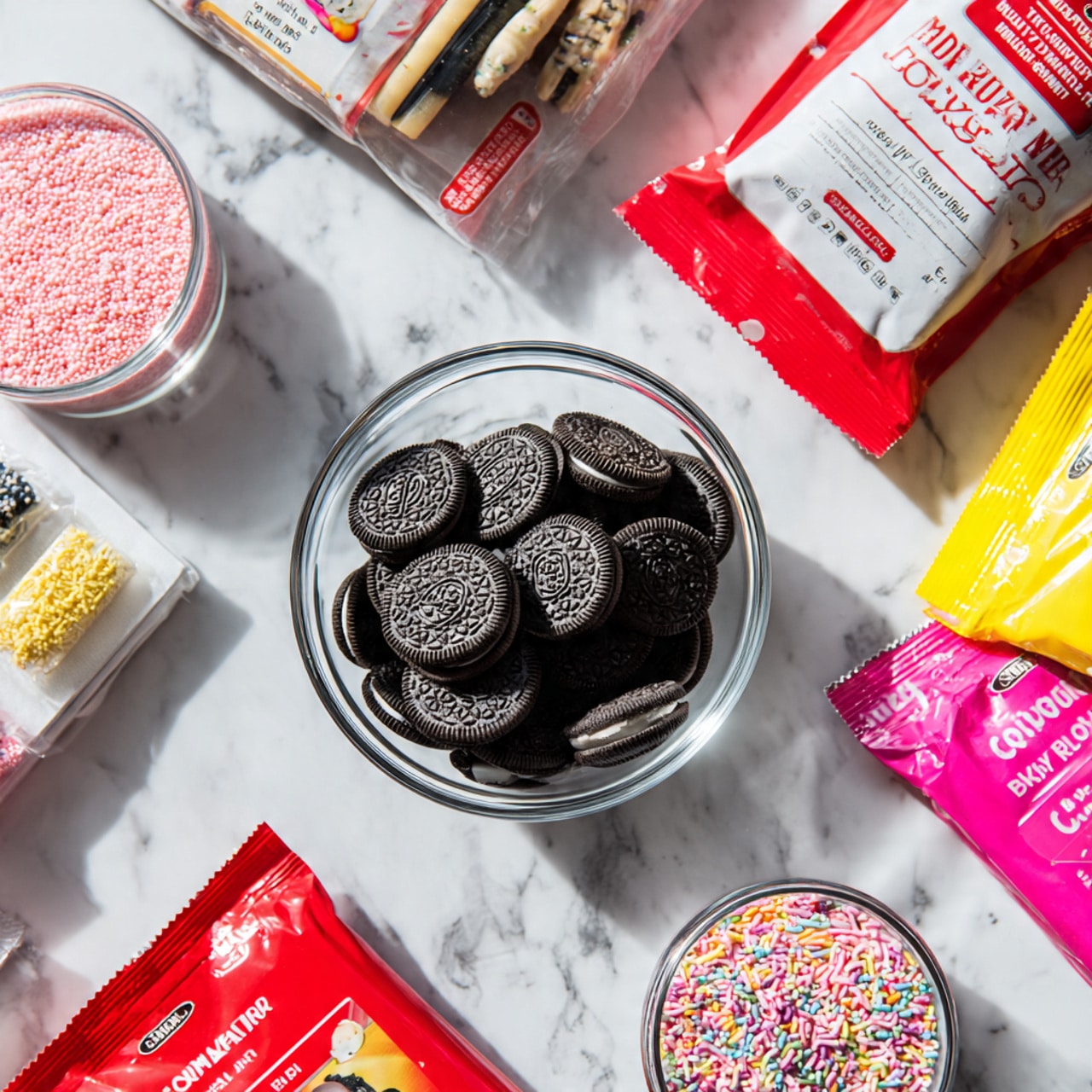 The image shows a white marbled surface with baking ingredients arranged neatly. There is a clear glass bowl filled with small dark chocolate sandwich cookies on the left side. Around the bowl, various brightly colored packages of baking products are placed, including a red packet of baking chocolate, pink packets of sprinkles, and yellow and white bags, all positioned in a semi-circle. The textures vary from smooth chocolate bars to small crunchy sprinkles. The overall look is clean and organized with bright colors standing out against the white marbled background. photo taken with an iphone --ar 4:5 --v 7
