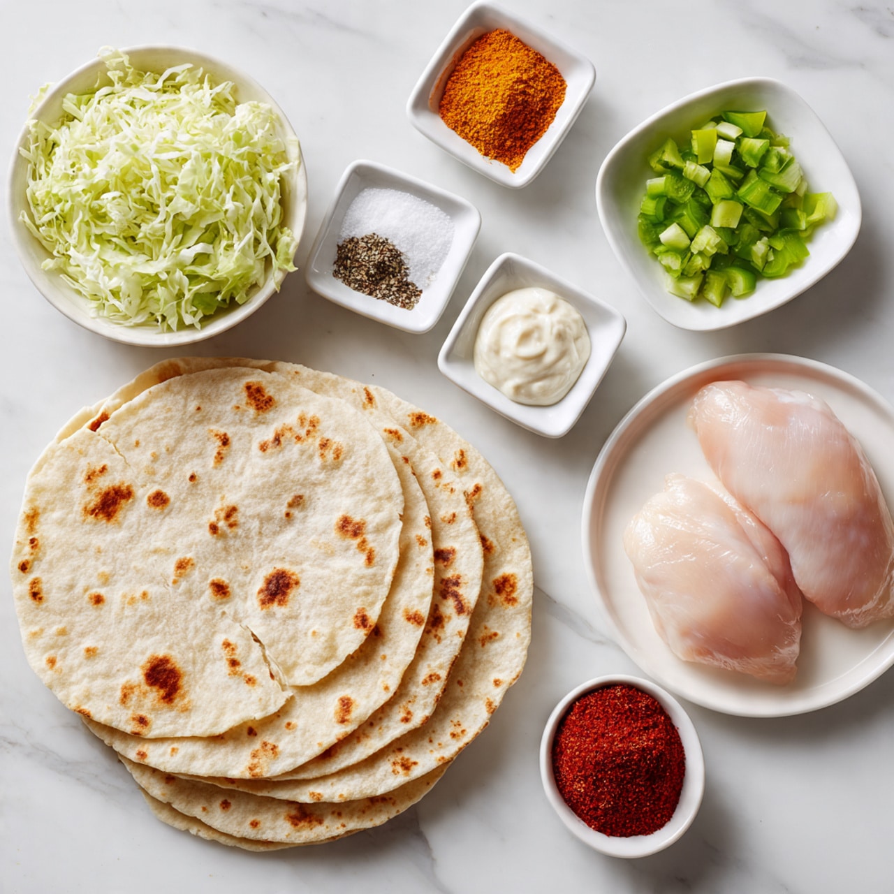 The image shows various ingredients neatly placed on a white marbled surface. At the bottom left, there are three round tortillas stacked with a light brown, soft texture and occasional darker spots. To the right of the tortillas, there are two raw, smooth chicken pieces with a pale pink color on a white plate. Above the chicken, there are small white square bowls containing different spices and seasoning: a bright orange powder, a vibrant red sauce, white salt, black pepper, and a creamy white paste. To the left is a small bowl with finely shredded lettuce in light green shades. Above that is another small white bowl with chopped green bell peppers, and next to it, a small white bowl filled with a red powder. The overall arrangement is clean and simple, set on a white marbled background. photo taken with an iphone --ar 4:5 --v 7