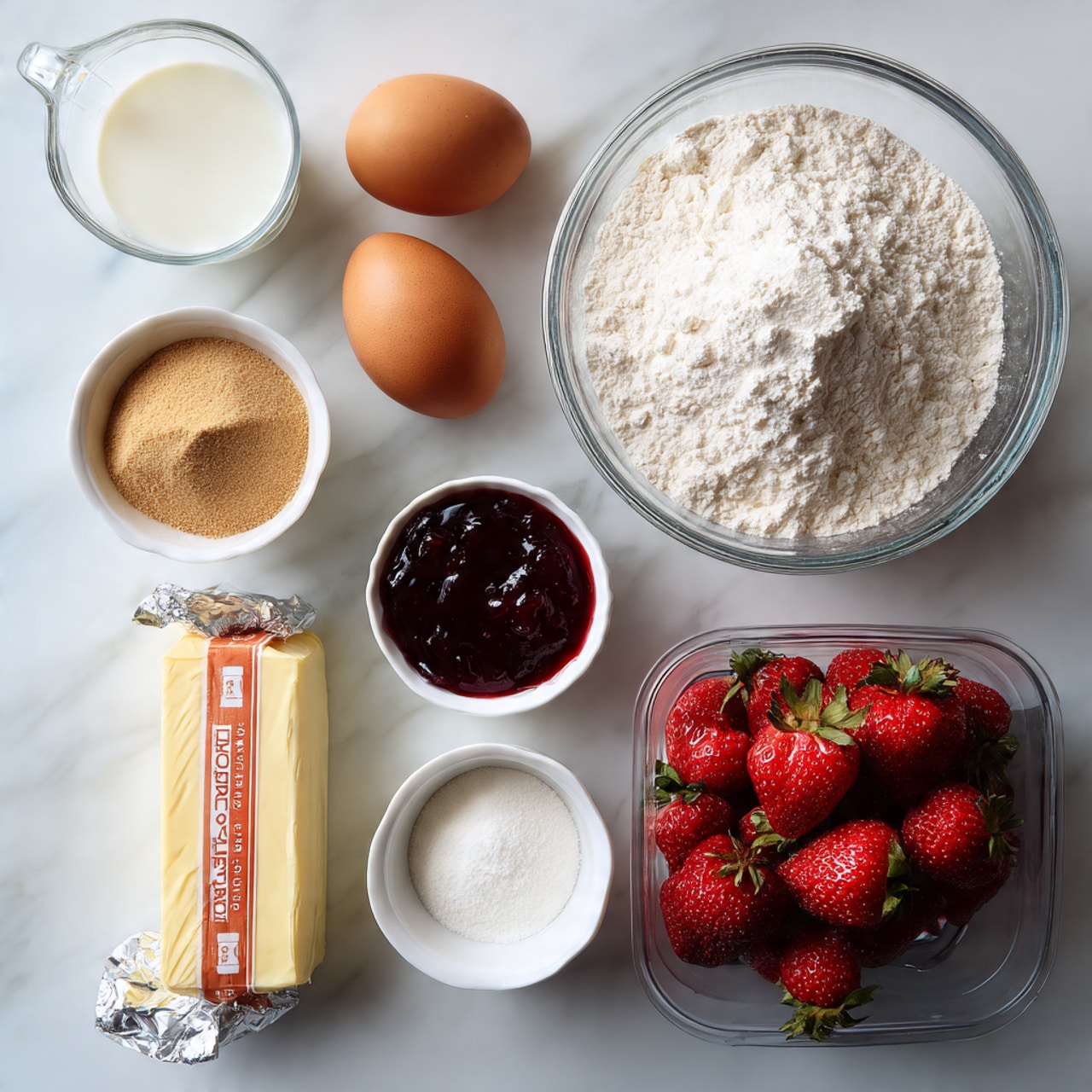 A clear glass bowl filled with white flour sits near the top right, next to a clear glass measuring cup filled with a white liquid on the top left. Two brown eggs rest below the measuring cup. Three small white bowls are lined up under the flour bowl and eggs: the left one holds light brown powder, the middle one has a dark red jam, and the right one contains a white powder. A small clear glass container with a white liquid is below the brown eggs. Below these bowls, a stick of salted butter wrapped with an orange label lies next to a silver-wrapped block of cream cheese. To the right of the butter and cream cheese is a clear plastic container full of red strawberries with green tops. All items are placed on a white marbled surface photo taken with an iphone --ar 4:5 --v 7