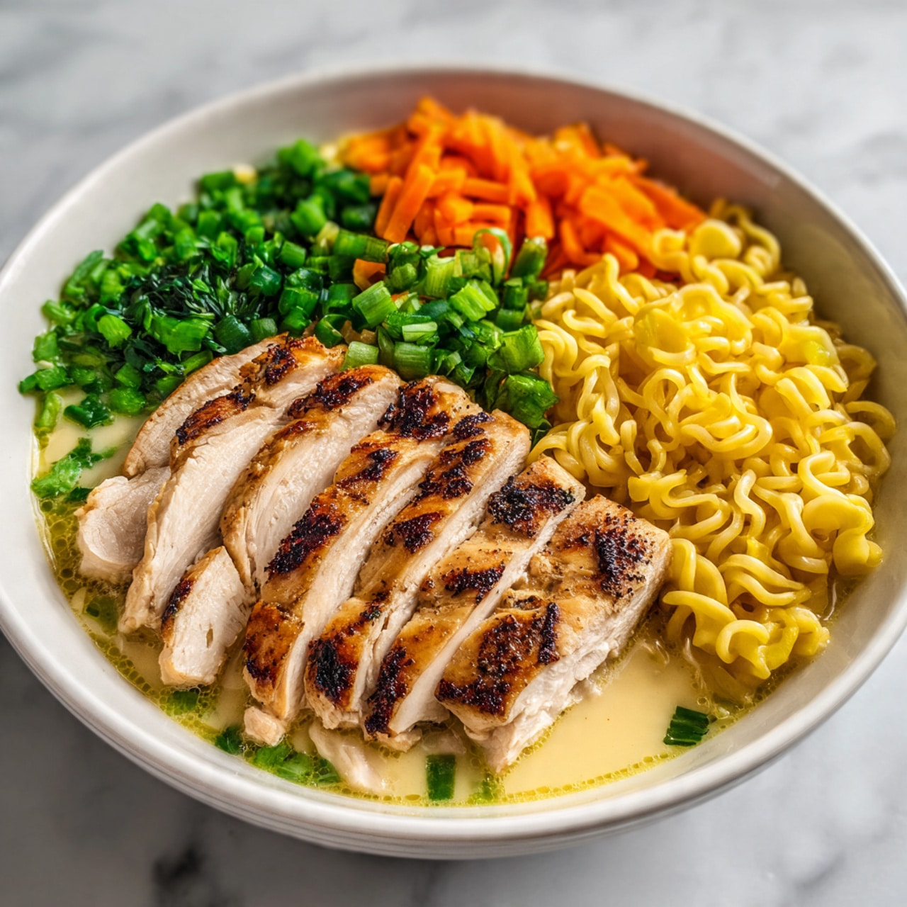 A white bowl shows a colorful ramen dish with different layers. On the left side, there are bright green chopped vegetables adding freshness. To the right, there are yellow wavy noodles filling half the bowl. Above the noodles, slices of grilled chicken with clear grill marks and a brown color lay side by side, showing their tender texture. Next to the chicken, smooth creamy broth covers the bottom of the bowl, shining softly. The background is a white marbled surface. photo taken with an iphone --ar 4:5 --v 7
