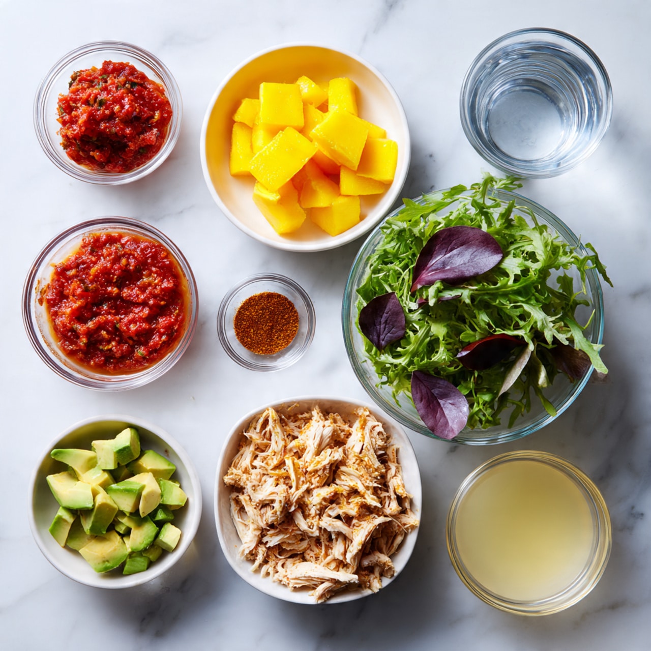 There are seven bowls and a glass arranged on a white marbled surface. Starting from the top left, there is a small clear glass bowl filled with red salsa that has a chunky texture. Next to it is a white bowl filled with bright yellow cubes of mango. Below that, a large clear glass bowl contains a mix of green leafy salad with some purple leaves scattered inside. To the right of the salad bowl, a small clear glass bowl contains a reddish-brown spice powder. Near the top right corner, there is a clear glass of water. Below the glass, a small white bowl holds a pale yellow liquid, likely dressing or juice. To the right side of the image, a large clear glass bowl contains shredded light brown chicken meat. At the bottom center, a white bowl holds green and yellow cubes of avocado. All items are neatly arranged with good lighting. Photo taken with an iphone --ar 4:5 --v 7