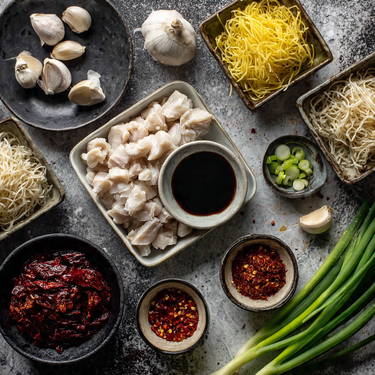 The image shows many ingredients laid out on a dark textured surface. There is a white rectangular dish at the bottom center filled with white, sliced meat pieces. To the right of that dish is a small round bowl with red chili flakes, and next to it a bunch of green onions with some cut green pieces beside them. Above the meat dish is a round bowl filled with dark soy sauce. To the left and above the soy sauce bowl, two small square bowls hold dry yellow and light beige noodles. In the top left corner, there are two small black plates, one with whole garlic bulbs and the other with garlic cloves. At the bottom left, a round black bowl is full of red chili paste or sauce, and next to it is a tiny bowl of chili flakes. The whole scene is on a white marbled surface. photo taken with an iphone --ar 4:5 --v 7