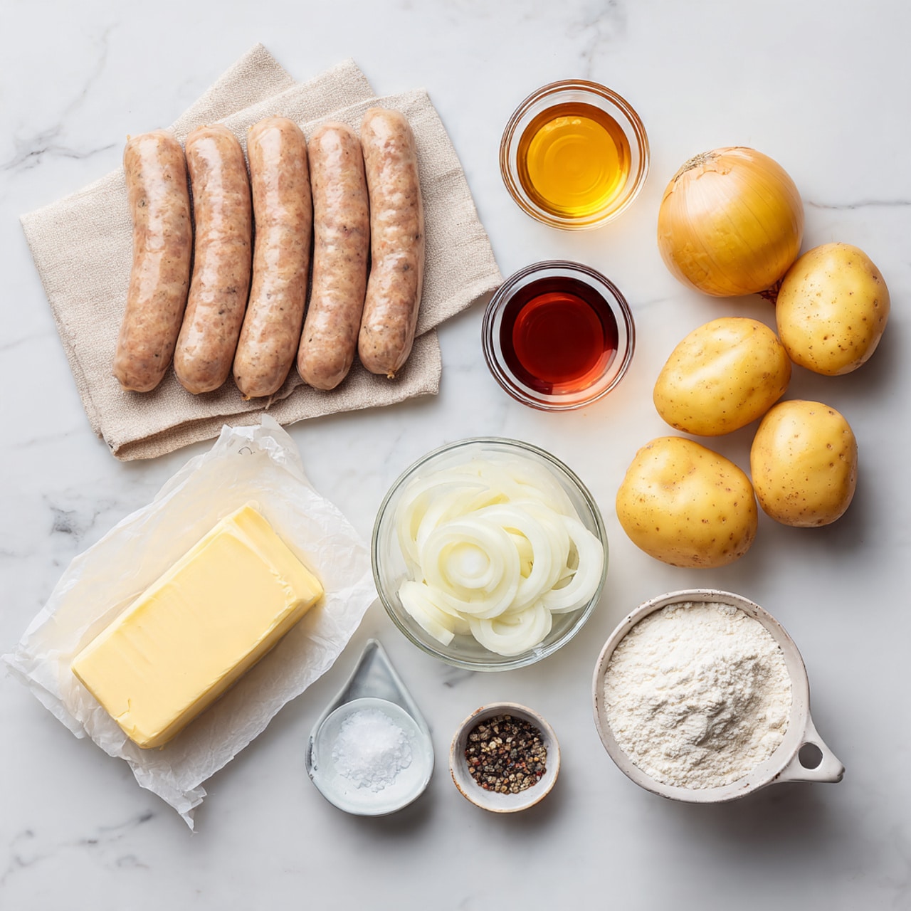 The image shows a white marbled surface with raw ingredients neatly arranged for a meal, including six raw sausages gathered in a row on a light beige cloth in the top left. To the right, there are five whole yellow potatoes, with three cut in half, showing their creamy interior. Below the potatoes, thinly sliced white onions form a small pile. Nearby, clear glass bowls hold light amber and dark reddish liquids. A small white bowl filled with white flour is positioned near the center right. To the bottom left, a wrapped block of light yellow butter lies on a piece of parchment paper, and a small glass measuring jug contains white cream. Two small clear bowls hold black pepper, one mixed with salt. The whole setup is simple and clean, laid out on the white marbled background. Photo taken with an iphone --ar 4:5 --v 7