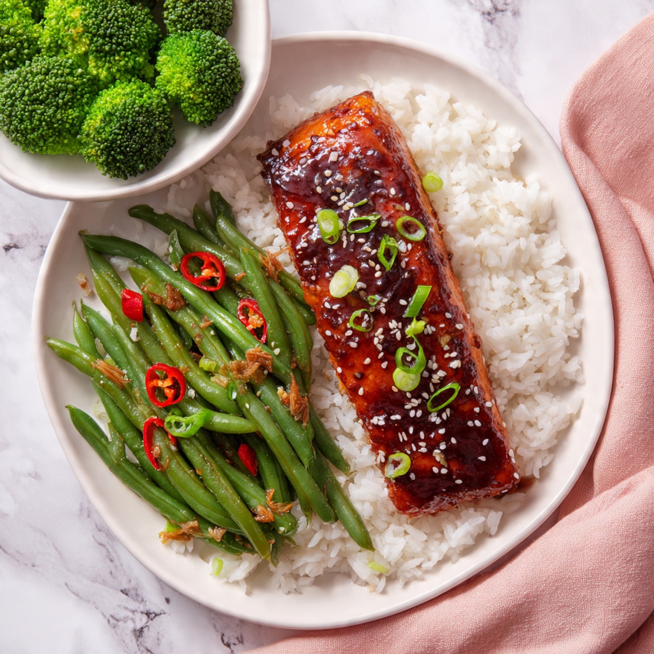 The image shows a white round plate with three main parts: a layer of white rice forming the base, topped with a long rectangular piece of shiny, dark brown glazed salmon sprinkled with small green onion slices and sesame seeds positioned on the left side; to the right of the salmon, there is a side of cooked green beans mixed with sliced garlic and small pieces of red chili, adding a pop of red color; above and behind the plate, there is a small white bowl filled with bright green cooked broccoli. The plate is placed on a white marbled surface with a pale pink cloth underneath on the right side. photo taken with an iphone --ar 4:5 --v 7