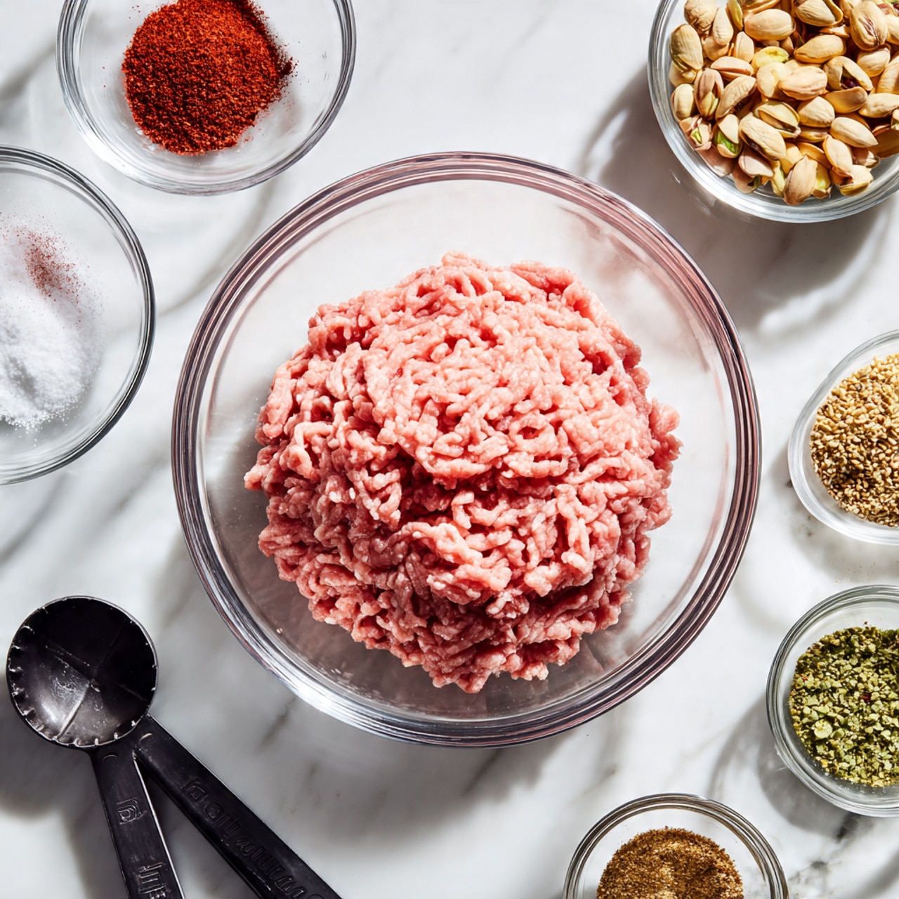 A clear glass bowl filled with light pink ground meat sits on a white marbled surface. Around the bowl, there are small clear glass bowls containing various spices and nuts: one with red powder, one with white salt, one with greenish seeds, one with small golden nuts, one with a mix of green and brown powders, and one with a small pile of brown powder. Next to these bowls are two black measuring spoons resting on the white marbled surface. The scene is bright and clean, showing all ingredients clearly arranged. Photo taken with an iphone --ar 4:5 --v 7