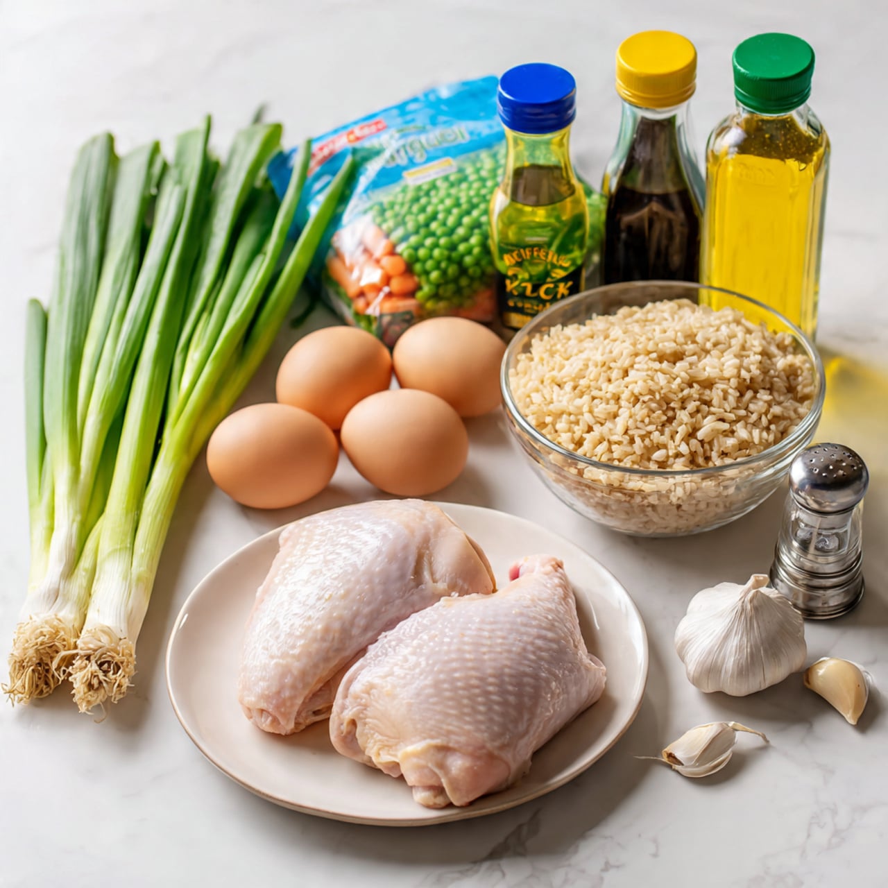 The image shows cooking ingredients arranged on a white marbled surface. There are two raw chicken pieces placed on a white plate in the front center. Behind the plate, there is a clear glass bowl filled with cooked brown rice. To the left of the chicken, two brown eggs rest beside a bunch of green onions with long green stalks. A bag of frozen peas and carrots stands upright behind the eggs and green onions. On the far left, a large bottle of vegetable oil with a blue cap is visible. To the right of the chicken, there are two bottles: one green-capped bottle of soy sauce and a yellow-capped bottle of sesame seed oil. In front of these bottles are two garlic cloves and a small clear pepper grinder. The setup is clean and well-lit, with all items clearly visible. photo taken with an iphone --ar 4:5 --v 7