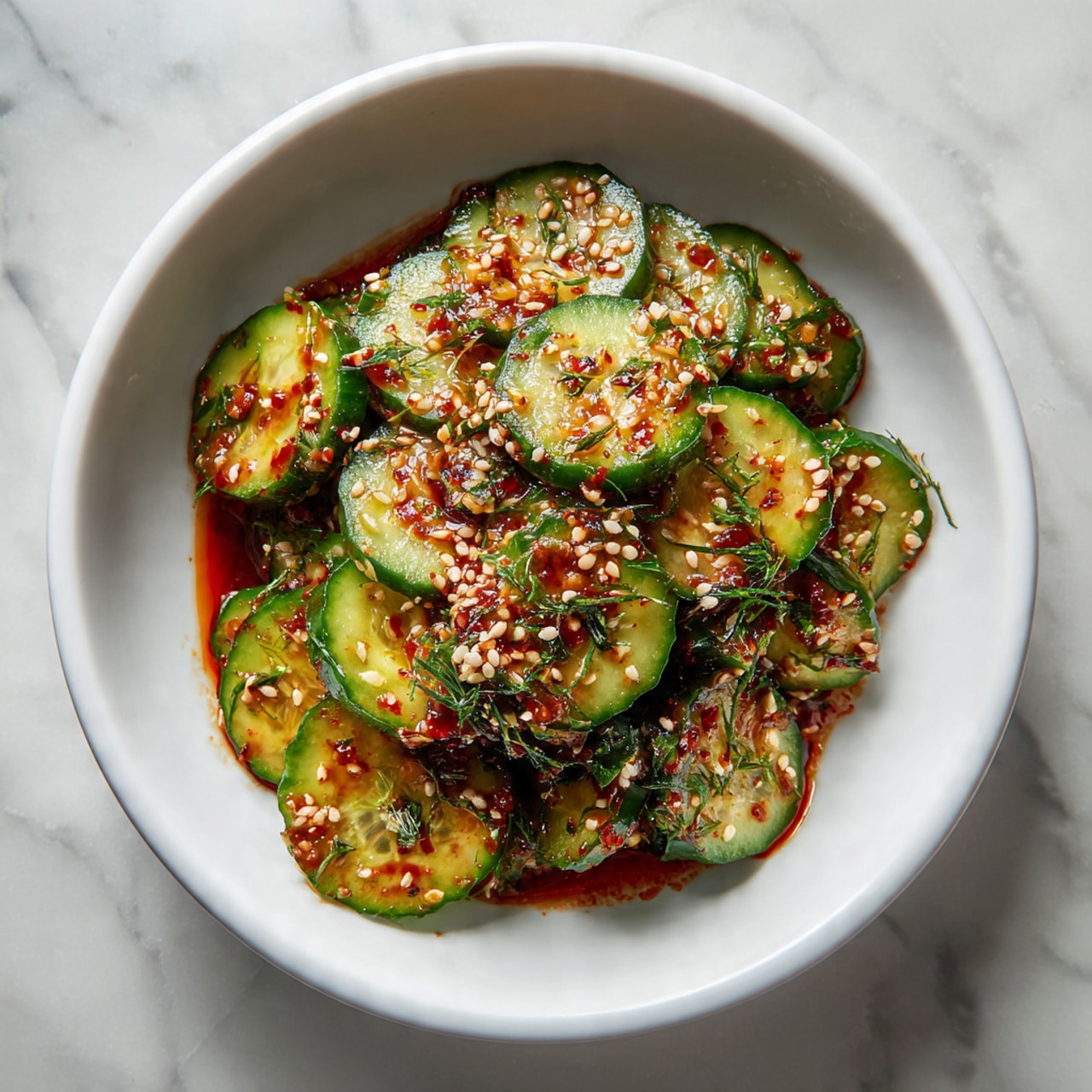 A white bowl filled with a cucumber salad, with about three layers of thin cucumber slices mixed with red sauce, scattered sesame seeds, and green herbs. The cucumbers are glossy and fresh, covered well in the reddish dressing, some pieces showing seeds and skin details. The bowl is on a white marbled surface with light cracks. photo taken with an iphone --ar 4:5 --v 7