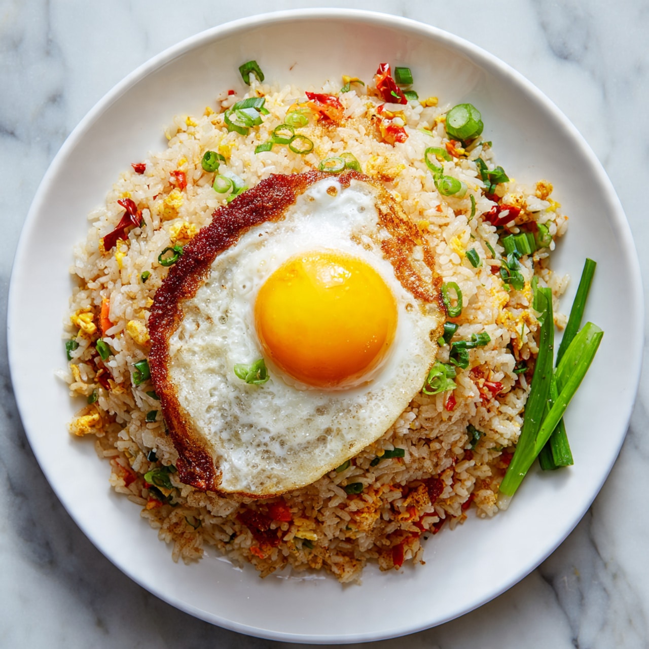 A round white plate sits on a white marbled surface, holding a generous serving of fried rice mixed with small bits of red and green vegetables, giving the rice a colorful texture. On top of the fried rice is a single fried egg with a bright yellow yolk in the center and slightly crispy white edges. The rice forms one thick layer covering most of the plate, with the egg placed neatly in the middle. Nearby on the surface are a few green onions adding a fresh touch to the scene. Photo taken with an iphone --ar 4:5 --v 7