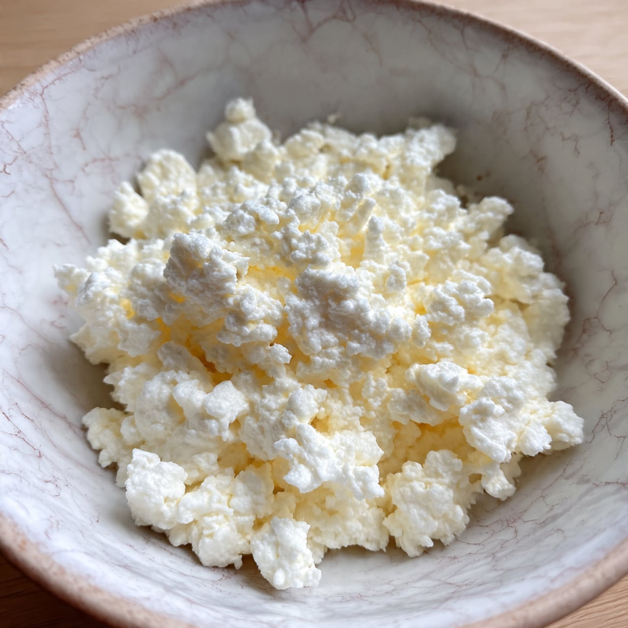A close-up image of a bowl with a white marbled texture inside holding a small amount of crumbly white cottage cheese. The cottage cheese has a soft, slightly bumpy texture and is loosely piled in the center of the bowl. The lighting is soft, showing the pale color and grainy texture of the cheese clearly. photo taken with an iphone --ar 4:5 --v 7